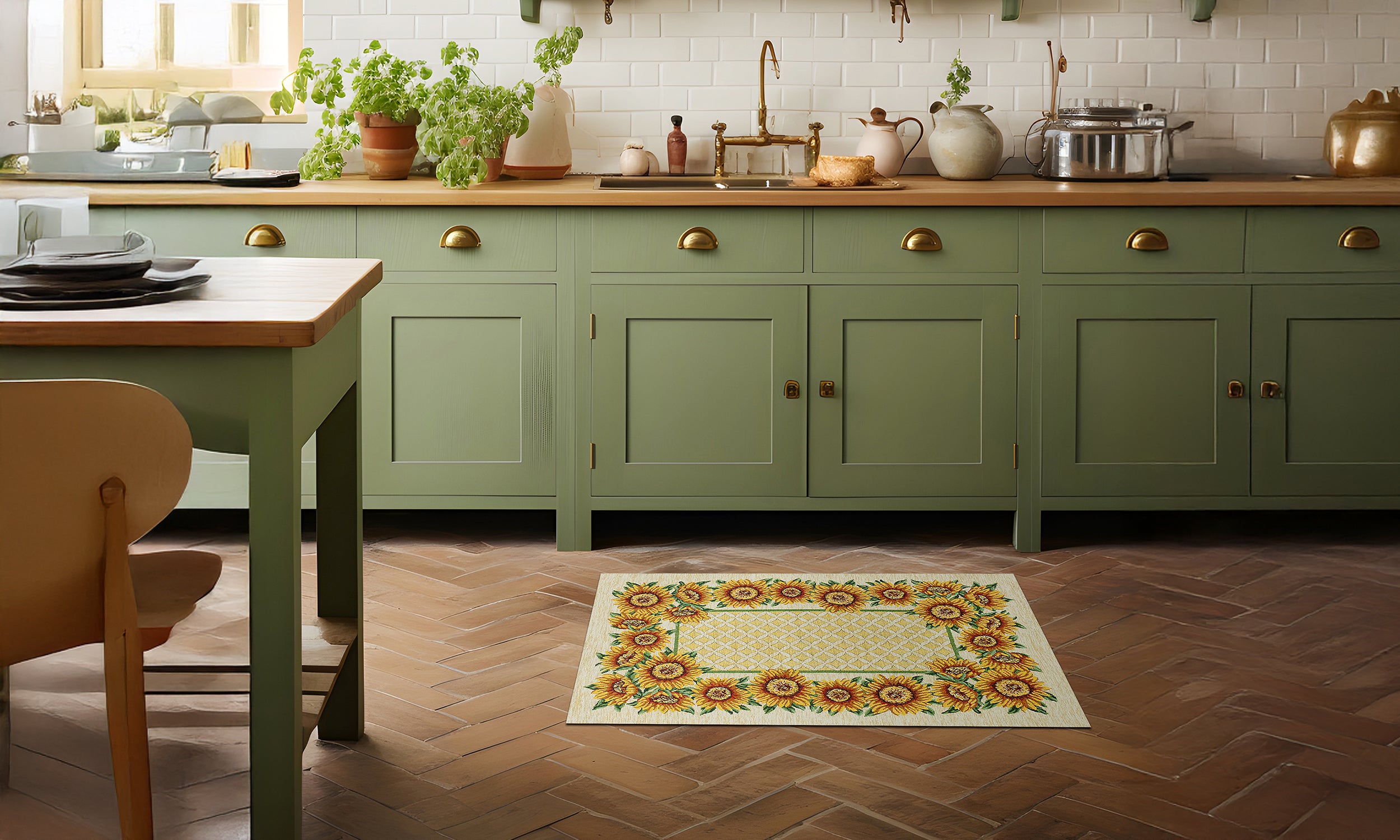 Tappeto da cucina con design girasoli, antiscivolo, 57x80 cm, in un ambiente cucina moderno e luminoso.