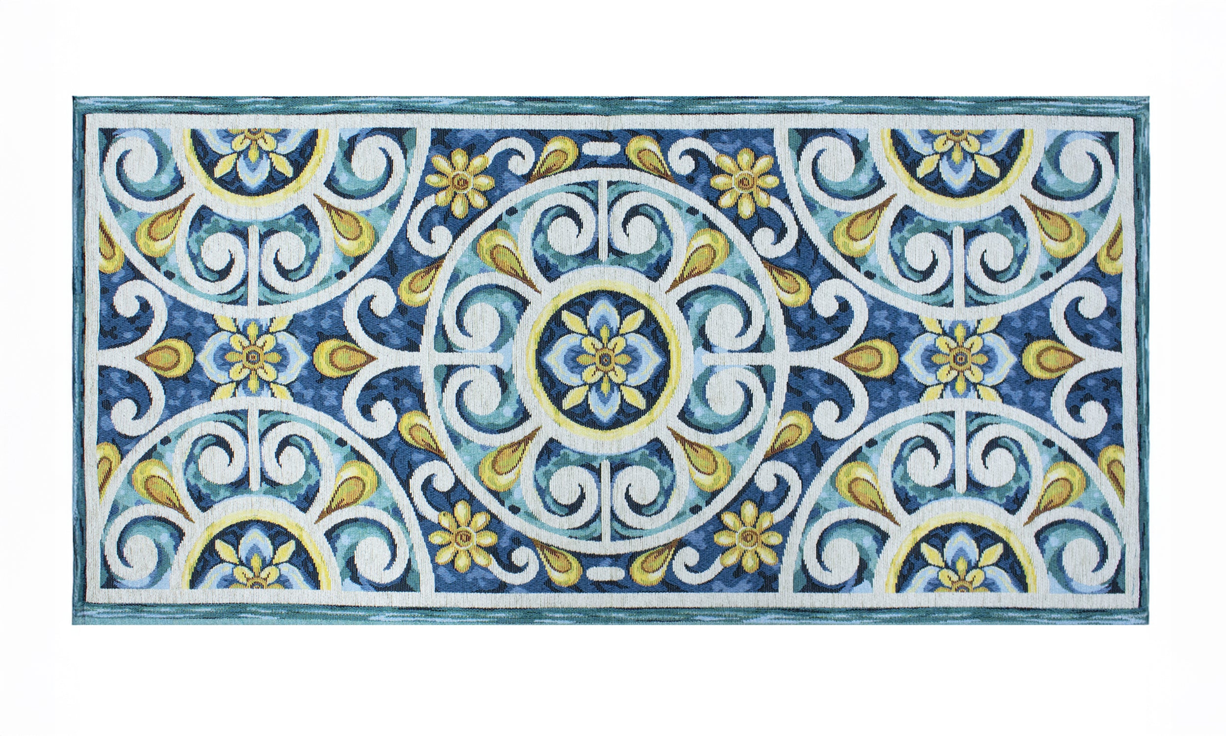 Tappeto da cucina Andalusia colore azzurro topazio, design floreale moderno, antiscivolo, 57x85 cm.