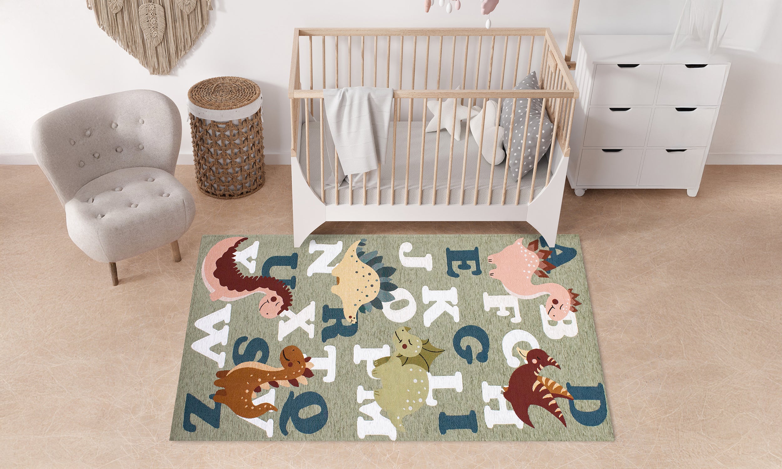 Tappeto anti-scivolo grigio con dinosauri e lettere, ideale per cameretta bambini, morbido e durevole.