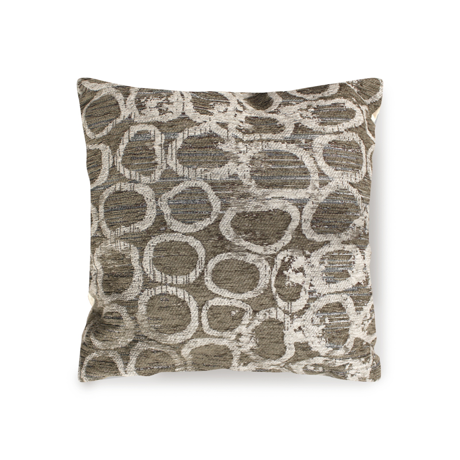 Decorative jacquard pillow with a geometric circle pattern in shades of gray and cream, perfect for home decor.