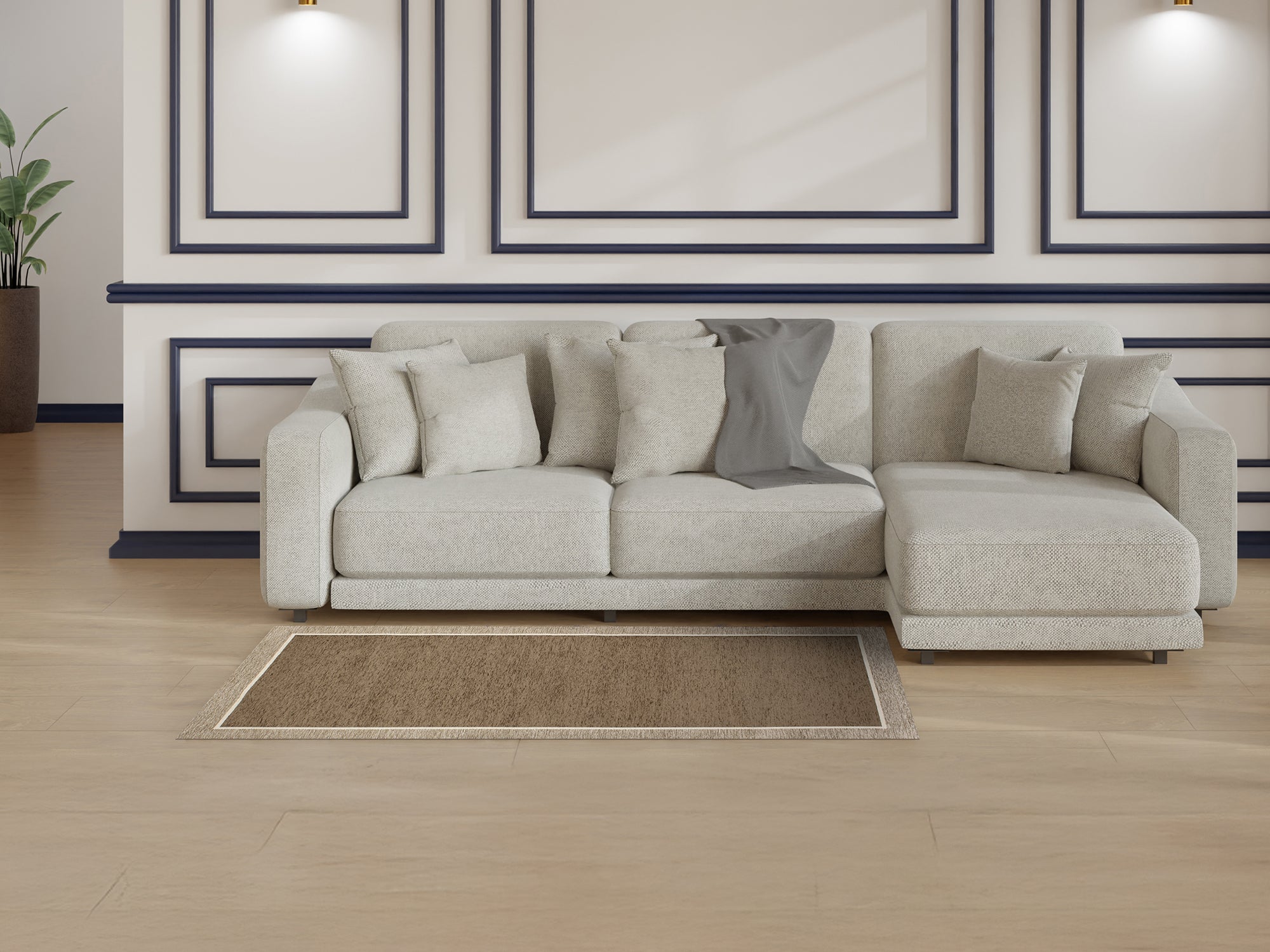 Modern living room with a light sofa and TAPPETO ARREDO DIS.ROMA FANGO SCURO on the floor, featuring a stylish design.