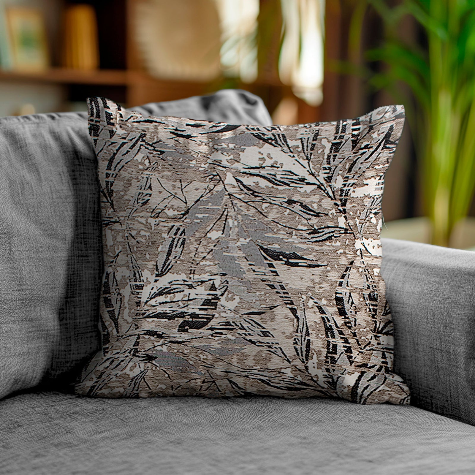 PAAR JACQUARD SOFAKISSEN ABNEHMBAR 50X50 CM BLÄTTERMUSTER ANTHRAZIT