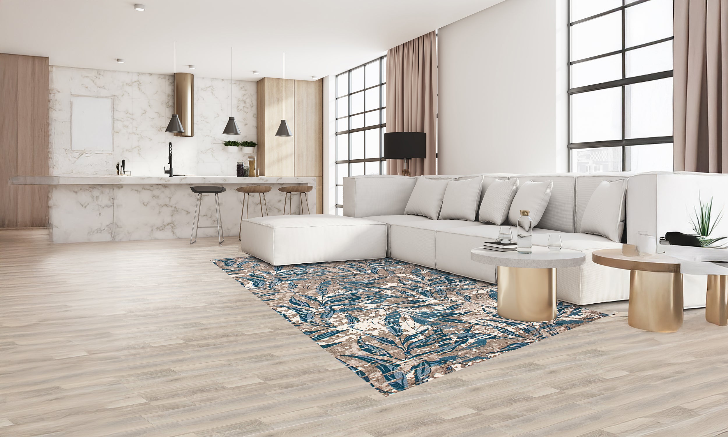 Modern foliage area rug in green and blue, enhancing a contemporary living room with light wooden floors.