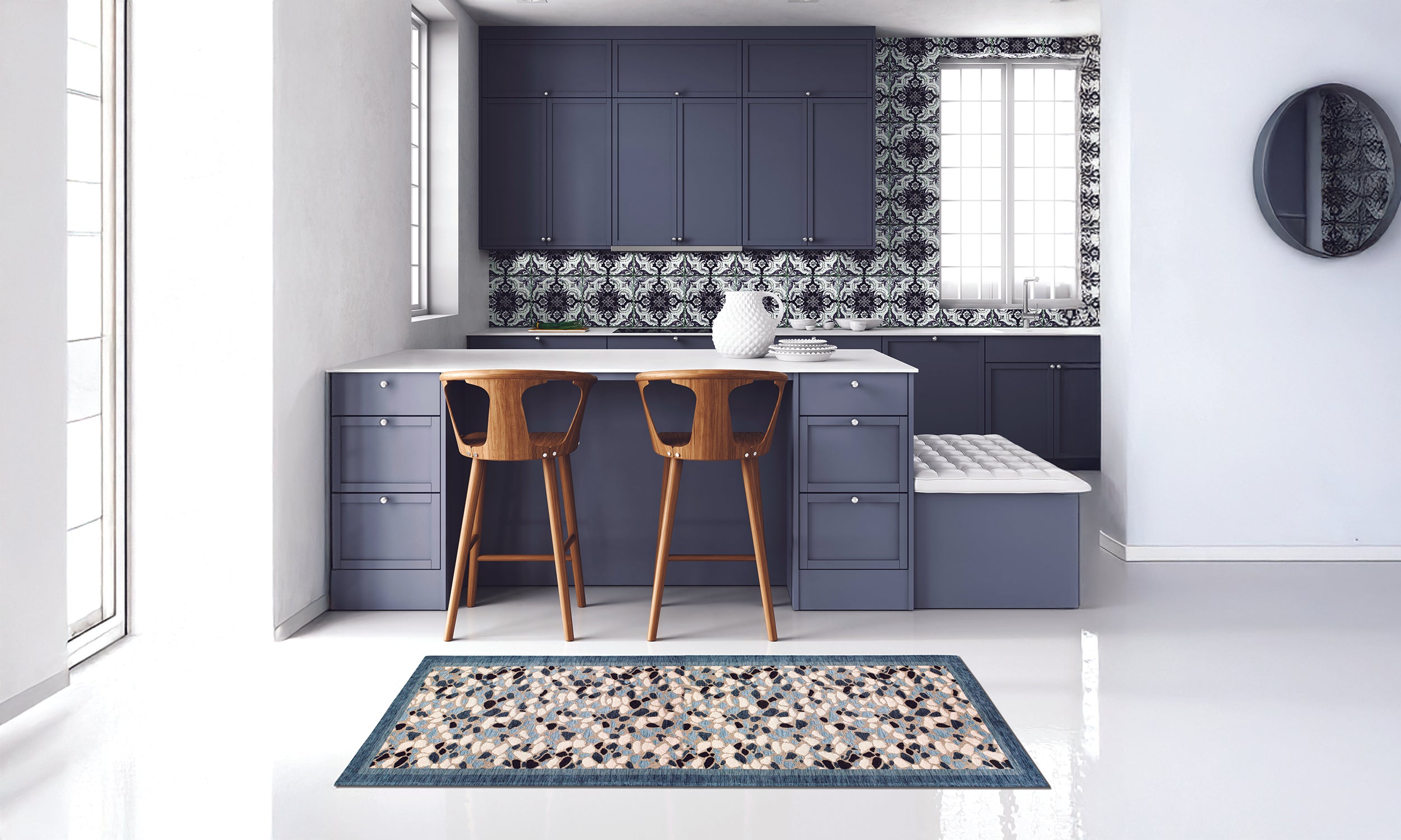 Tappeto da cucina moderno con design colorato e antiscivolo, posizionato in una cucina elegante e luminosa.
