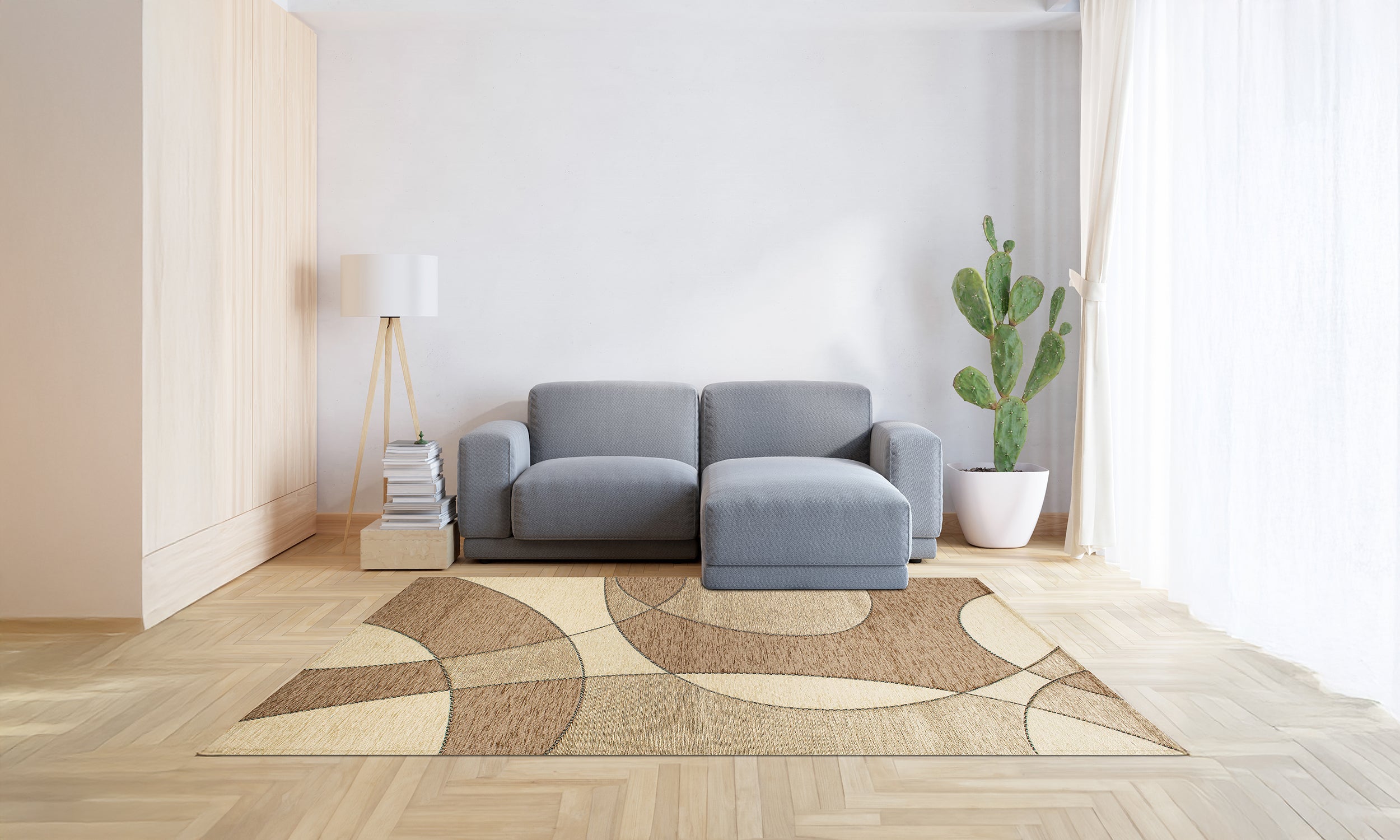 Modern beige rug on wood floor in stylish living room with grey sofa and green plant.