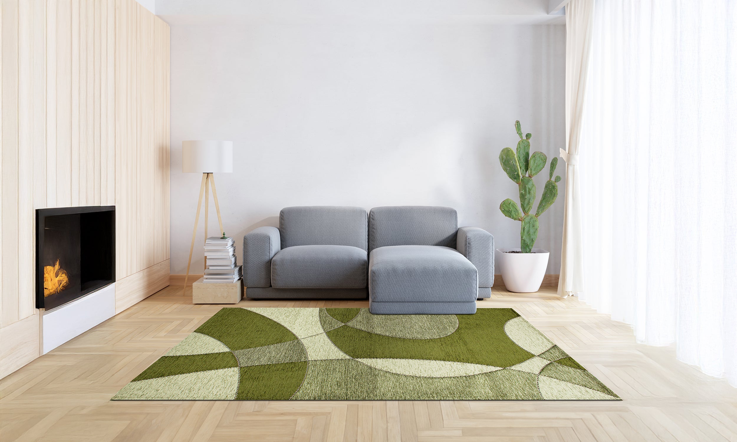Modern green area rug in a bright living room with a sofa and plant, showcasing soft texture and vibrant design.