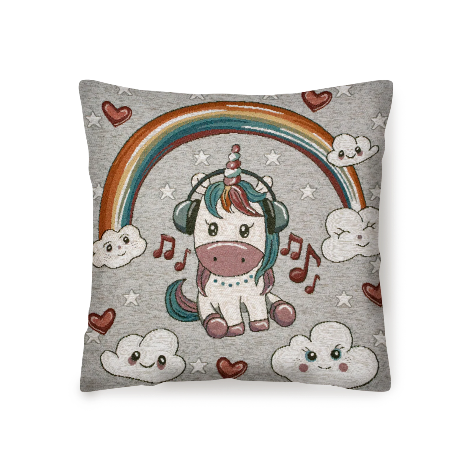 COPPIA CUSCINI ARREDO JACQUARD SFODERABILI UNICORNI con design di unicorno, arcobaleno e nuvole, decorativo per la casa.