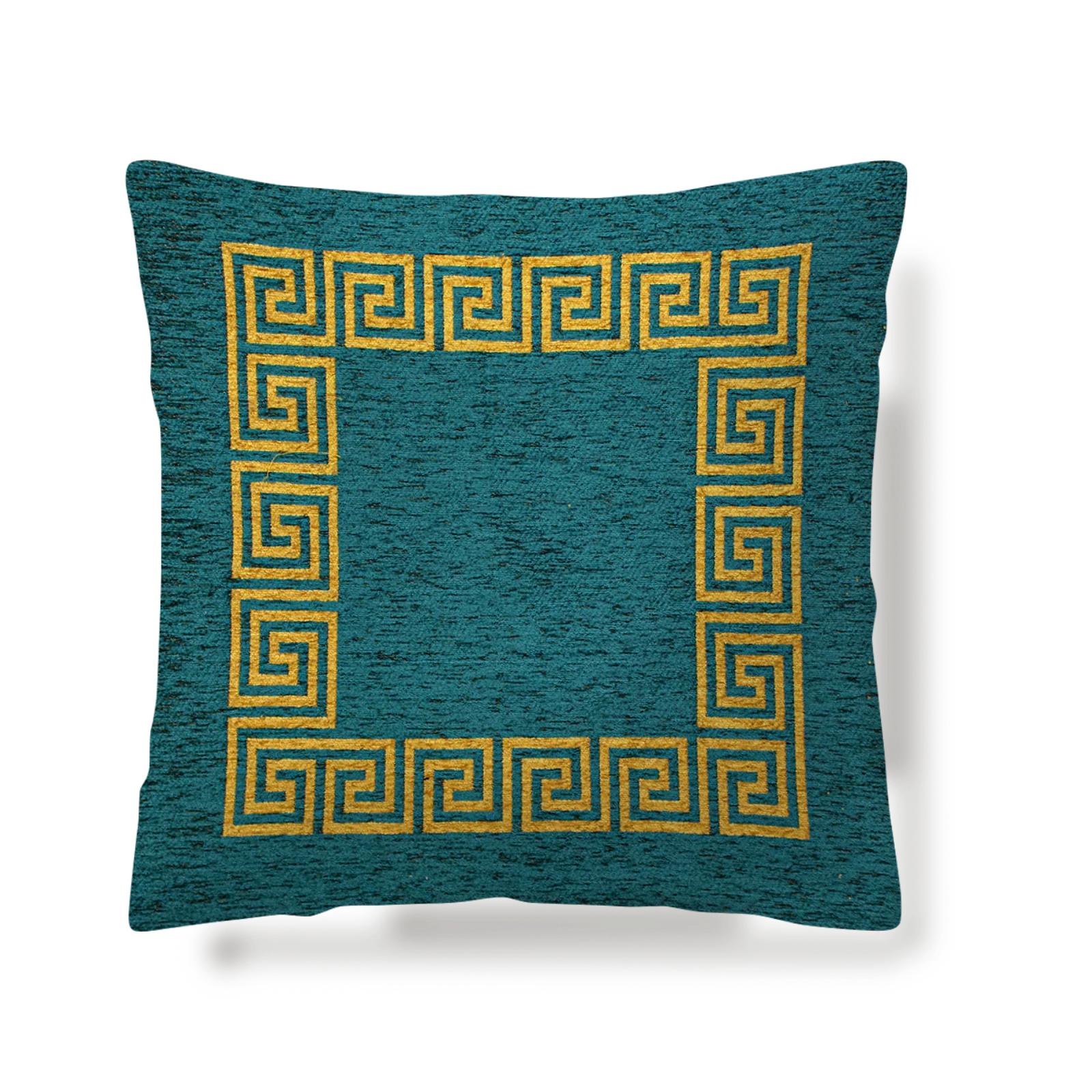 Coppia cuscini arredo jacquard sfoderabili Atene con motivo geometrico oro e blu, ideale per decorare la casa.