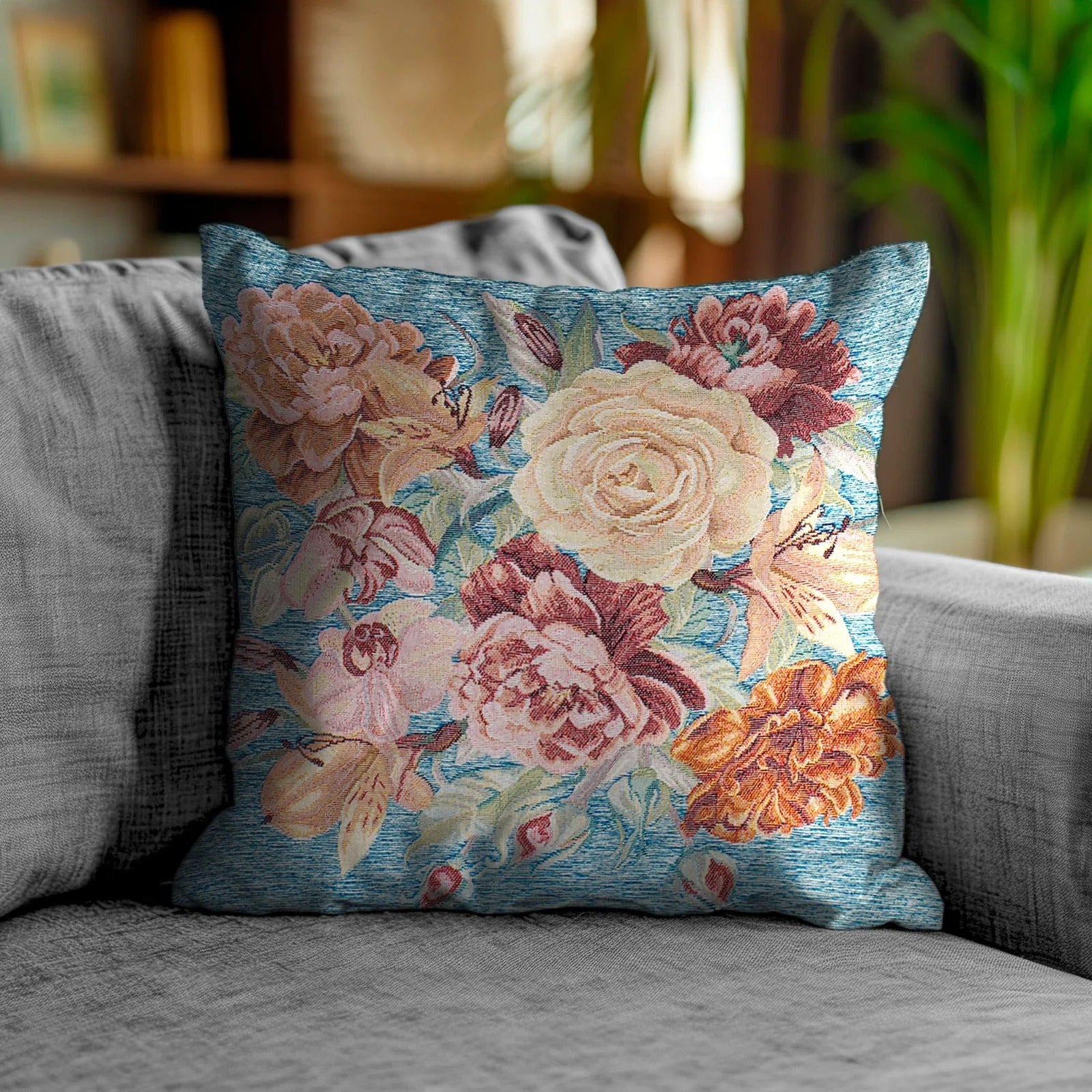 COPPIA CUSCINI ARREDO JACQUARD SFODERABILI ROSES con motivo floreale su sfondo blu, perfetti per decorare gli interni.