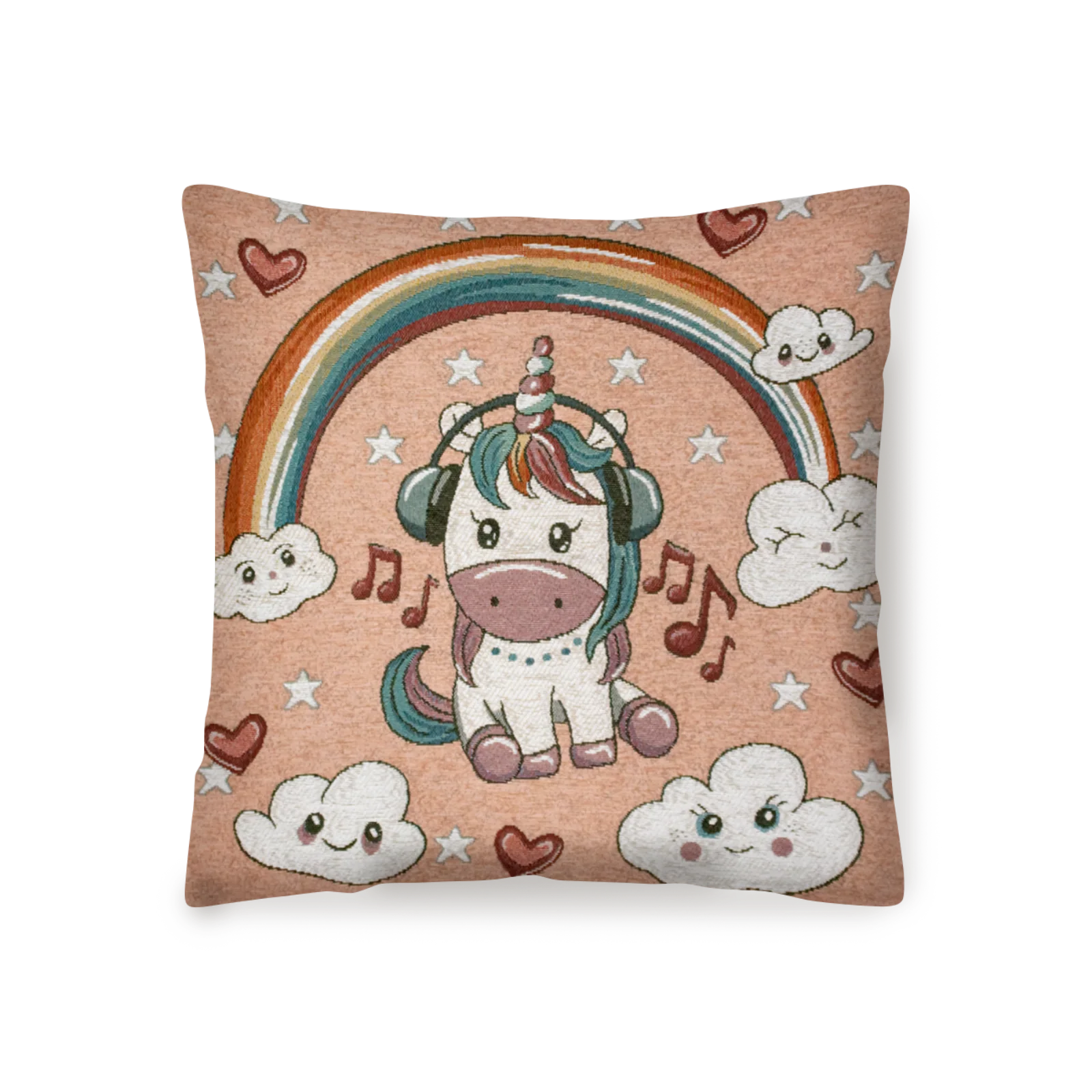 COPPIA CUSCINI ARREDO JACQUARD SFODERABILI UNICORNI con design di unicorno su fondo rosa e arcobaleno.