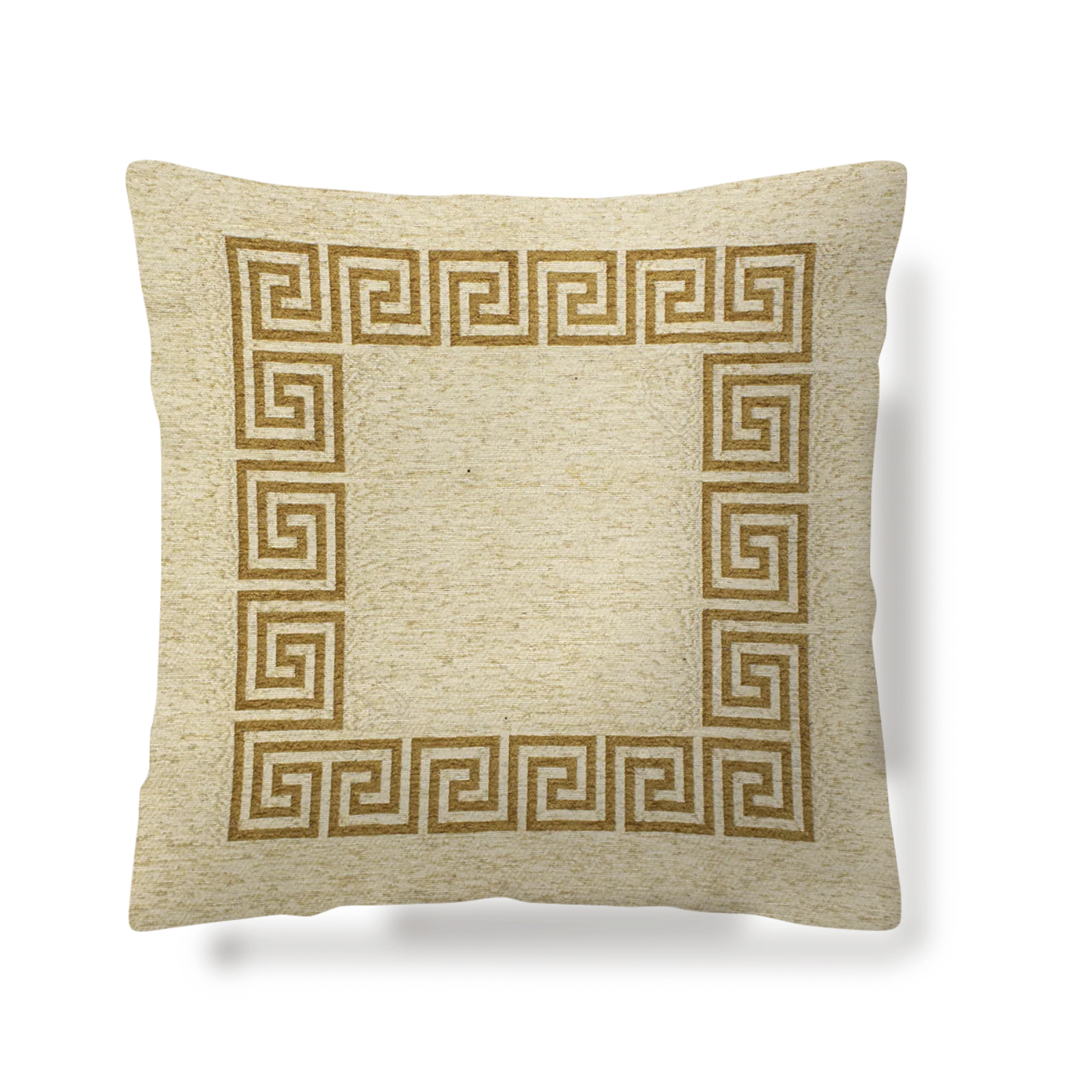 COPPIA CUSCINI ARREDO JACQUARD SFODERABILI ATENE con design greco in oro su fondo beige.