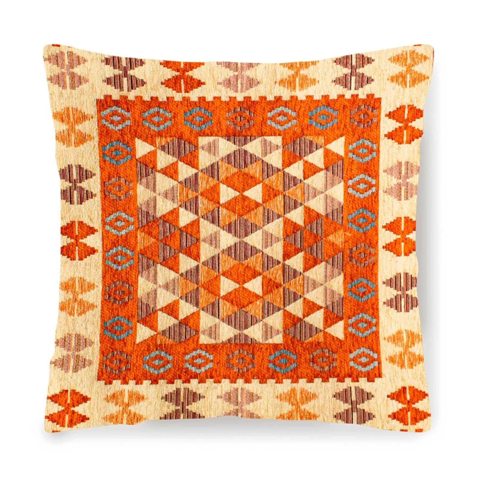 COPPIA CUSCINI ARREDO JACQUARD SFODERABILI KILIM cuscino decorativo con motivo geometrico in tonalità arancione e beige.