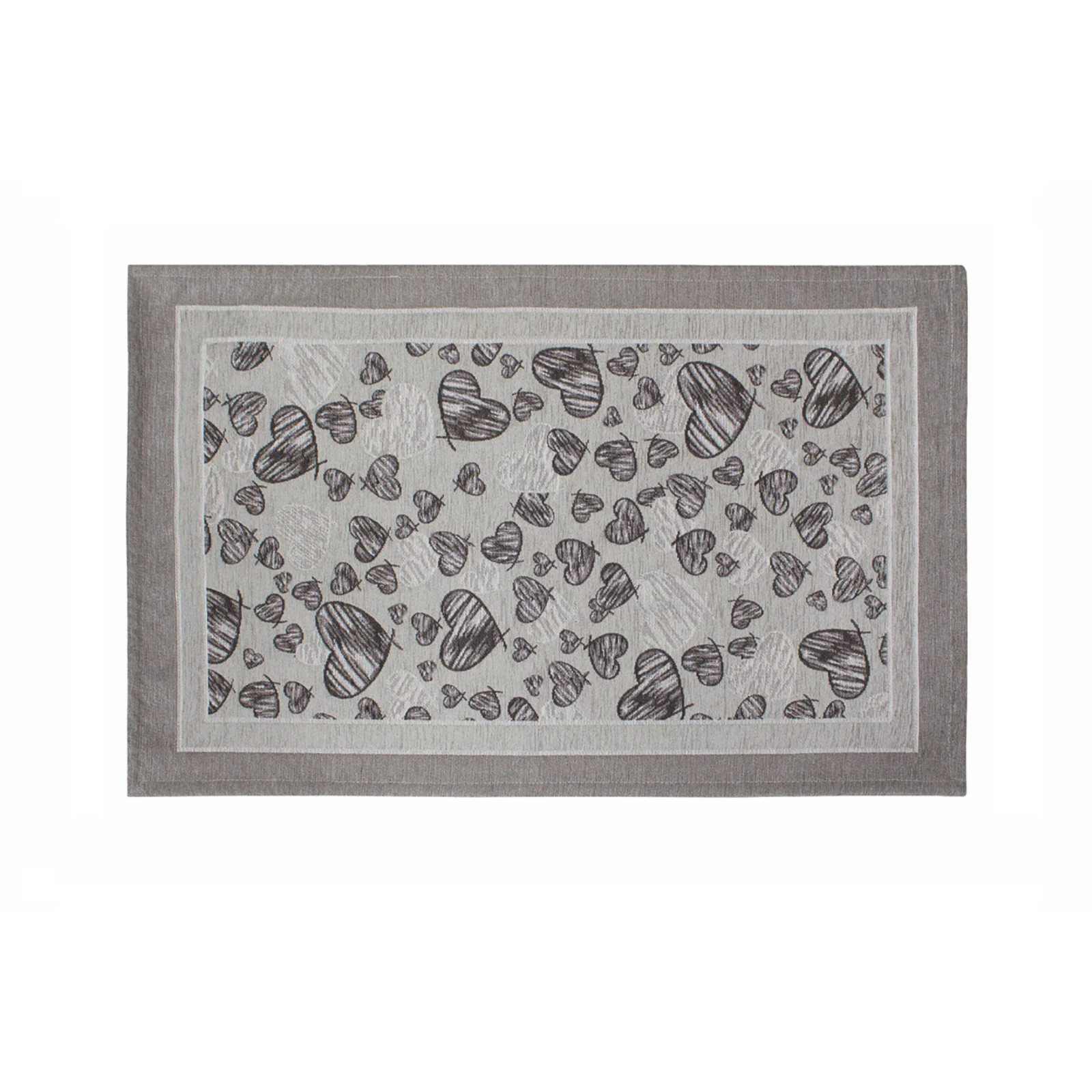 TAPPETO DA CUCINA DIS.MELODY CON ANTISCIVOLO con design di cuori su sfondo grigio, morbido e antiscivolo.