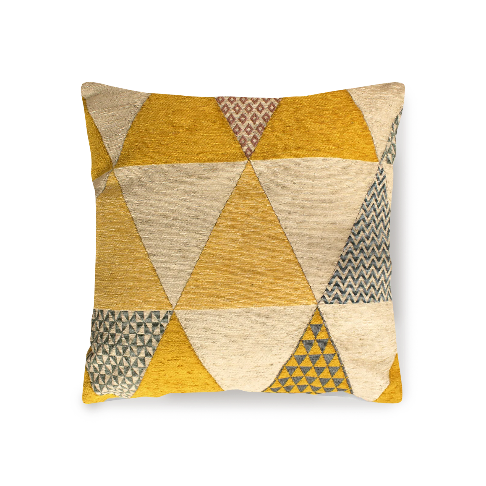 COPPIA CUSCINI ARREDO JACQUARD SFODERABILI TRIANGOLI con motivo geometrico in giallo e tessuto sfoderabile.