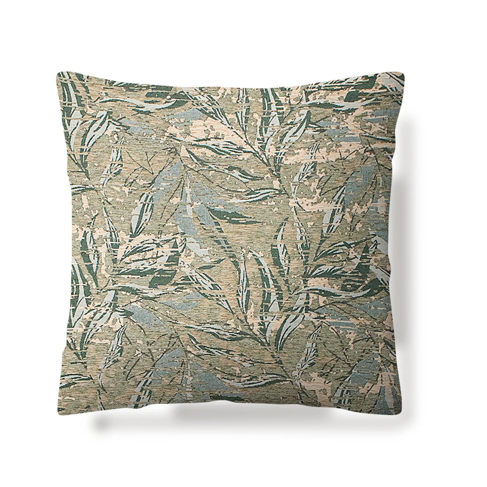 COPPIA CUSCINI ARREDO JACQUARD SFODERABILI FOLIAGE cuscino decorativo con motivo foglie in tonalità verde e beige.