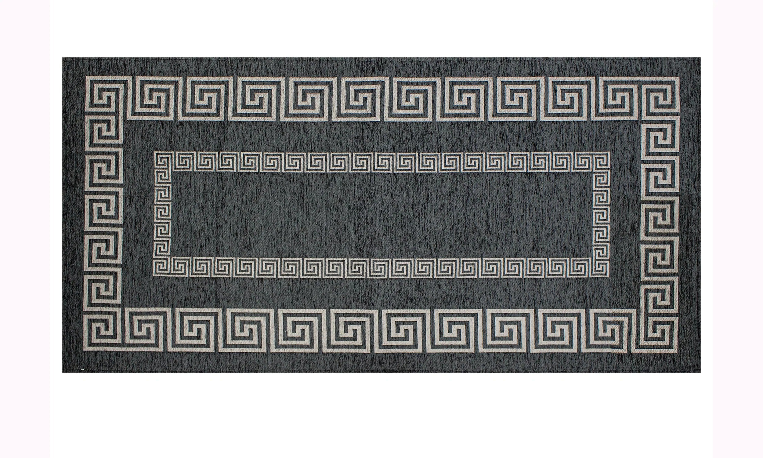 TAPPETO ARREDO ATENE NERO BIANCO CON ANTISCIVOLO, design elegante con motivi geometrici in bianco su sfondo nero.