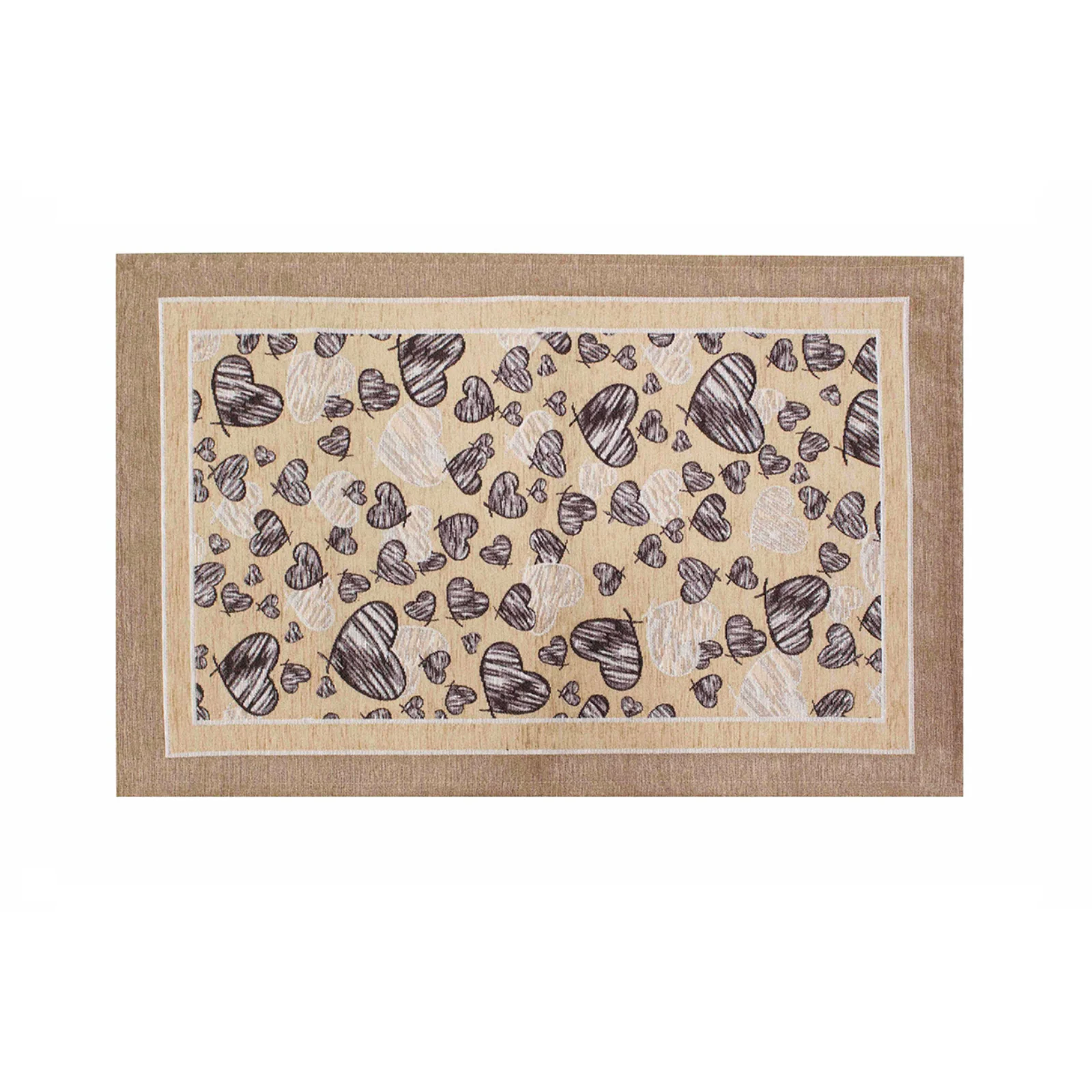 TAPPETO DA CUCINA DIS.MELODY CON ANTISCIVOLO, tappeto moderno con design a cuori su sfondo beige.