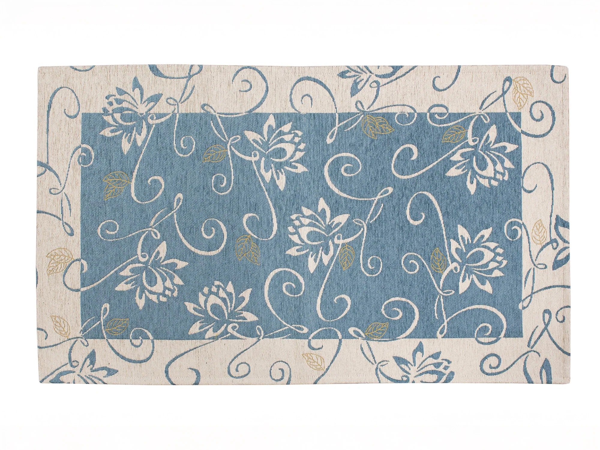 TAPPETO ARREDO DIS.NINFEA CON ANTISCIVOLO con decorazioni floreali su sfondo blu e bordi chiari, morbido e resistente.