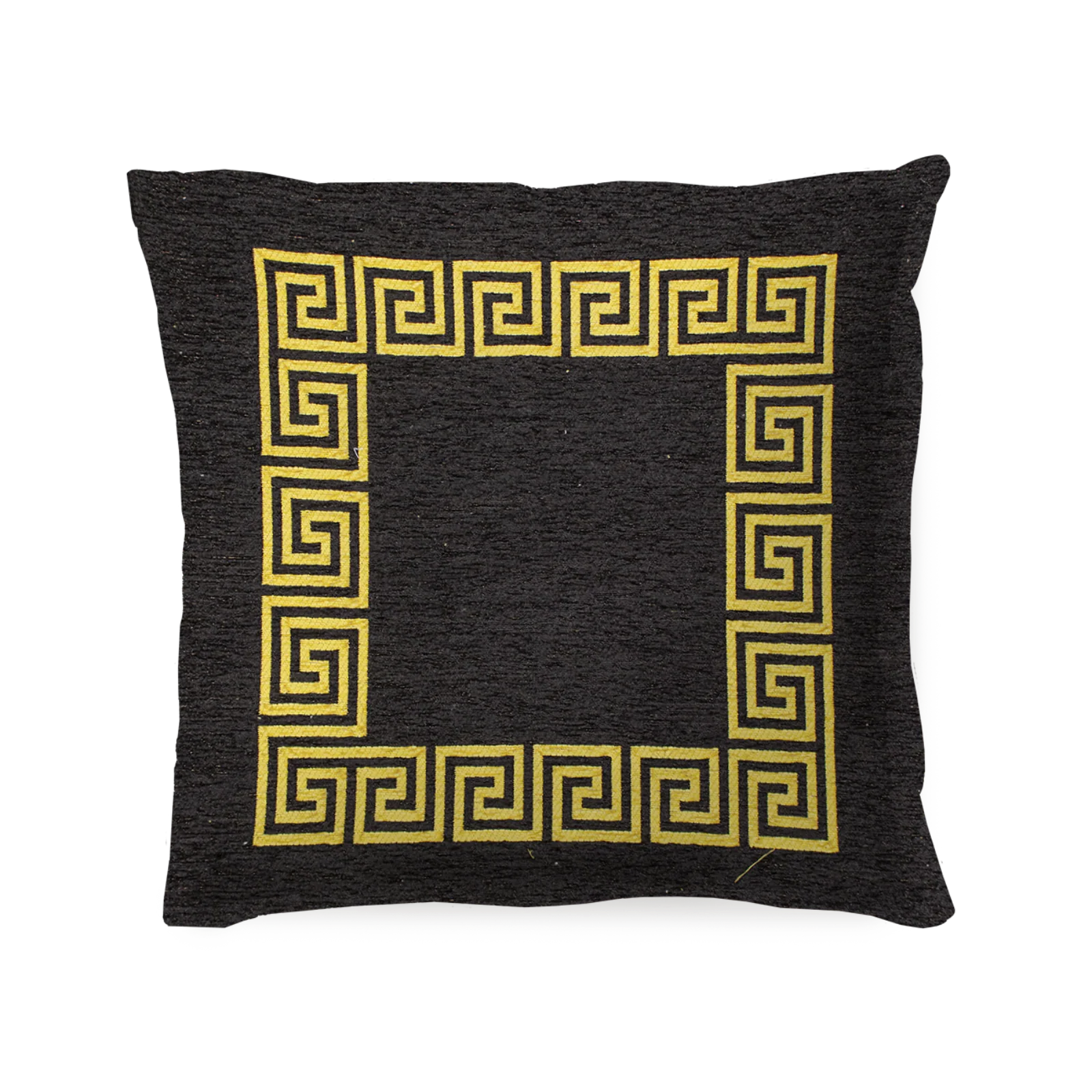 Coppia cuscini arredo jacquard sfoderabili Atene con design geometrico giallo su sfondo scuro.