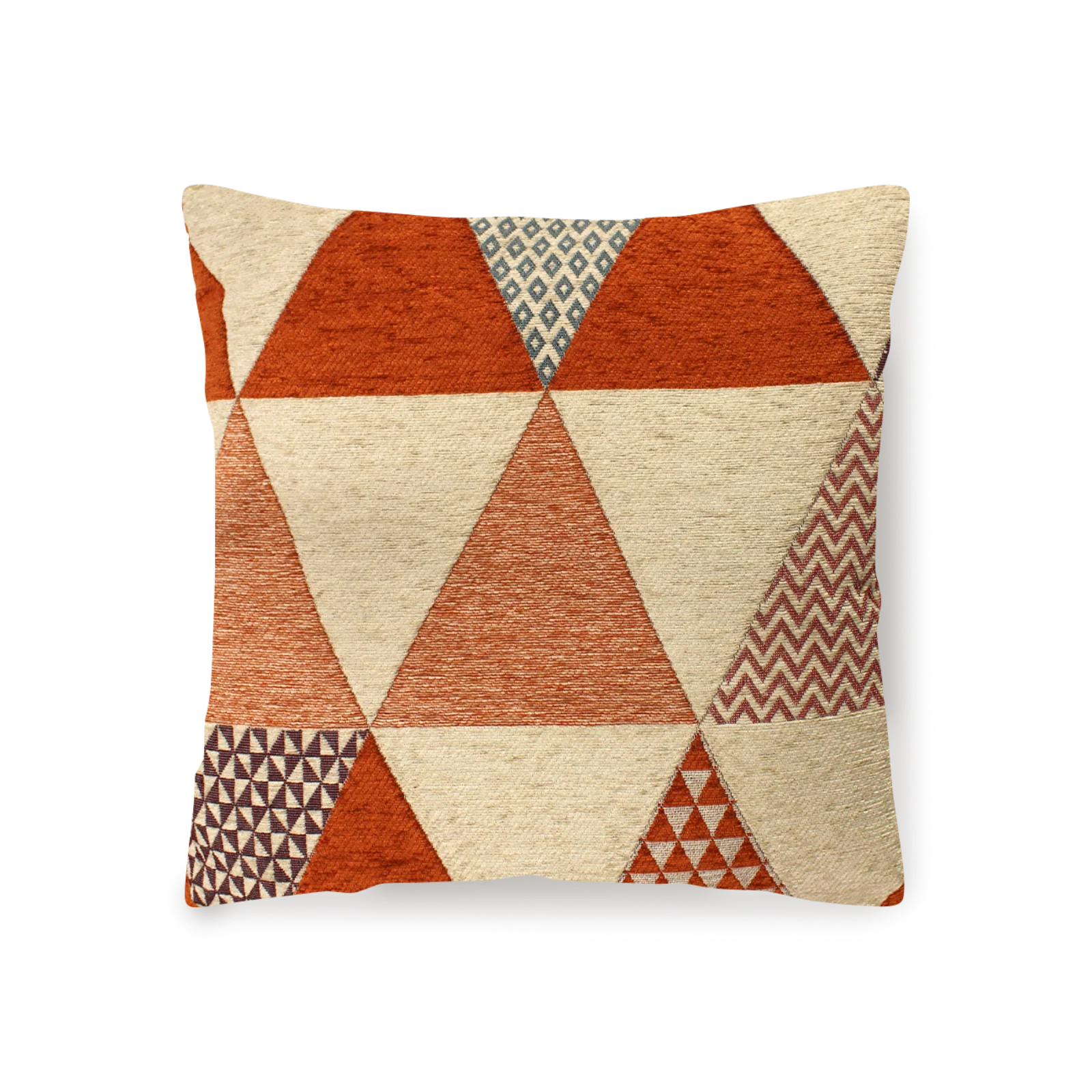 COPPIA CUSCINI ARREDO JACQUARD SFODERABILI TRIANGOLI con design geometrico in tonalità arancione e beige.