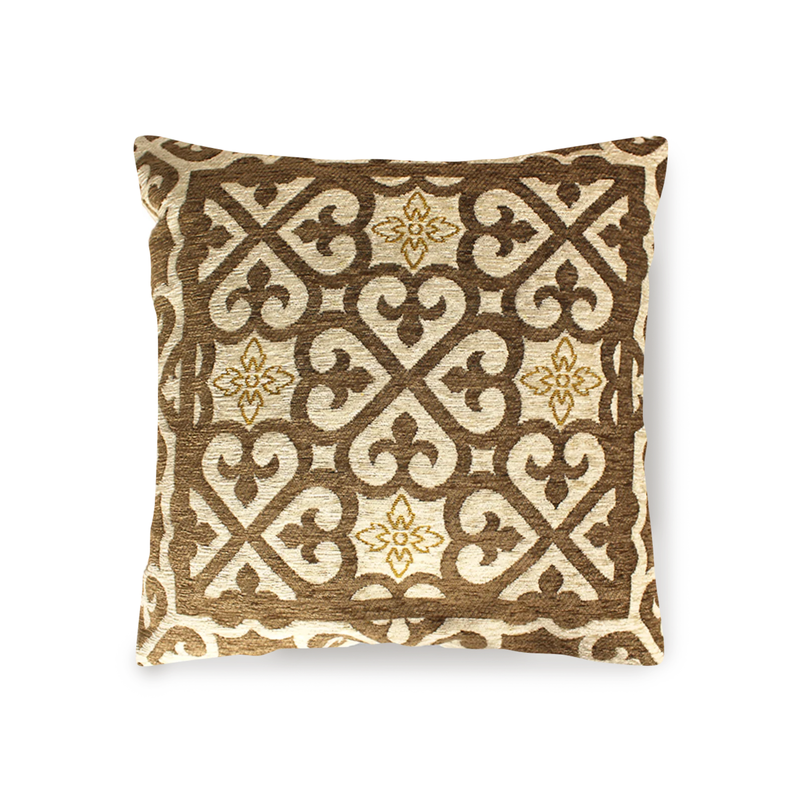 COPPIA CUSCINI ARREDO JACQUARD SFODERABILI ARABIC con motivo decorativo in tonalità marrone e crema.