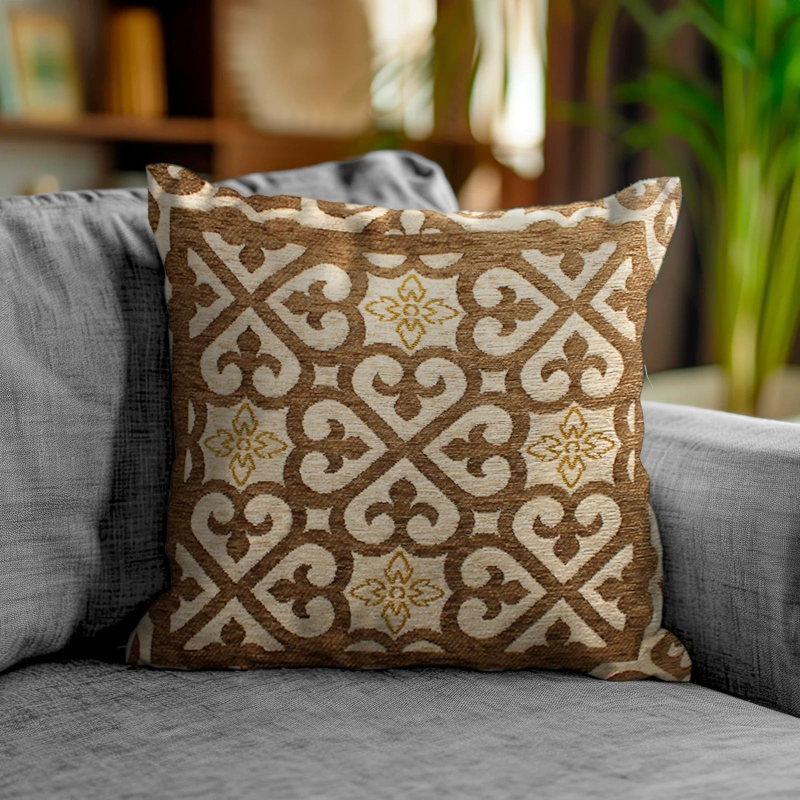 COPPIA CUSCINI ARREDO JACQUARD SFODERABILI ARABIC su divano in soggiorno, design elegante e accogliente.