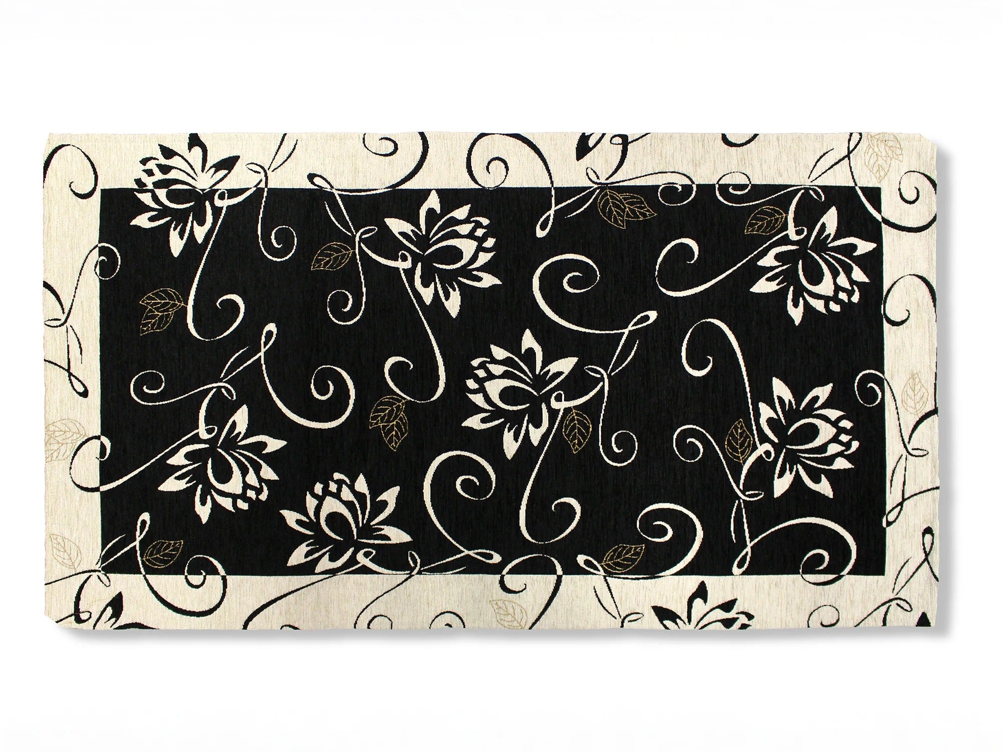 TAPPETO ARREDO DIS.NINFEA CON ANTISCIVOLO con design floreale su sfondo nero e bianco.