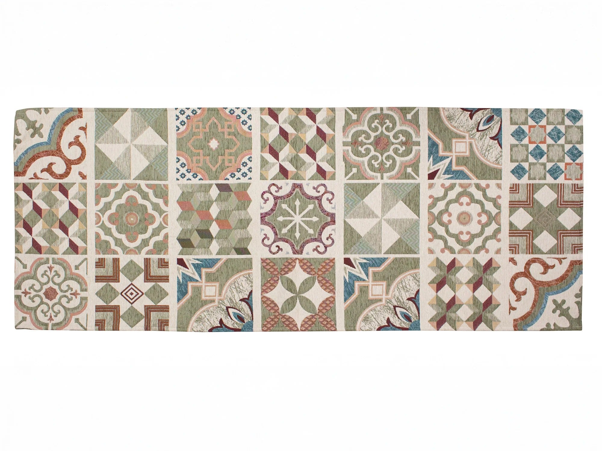 TAPPETO ARREDO DIS. MAIOLICHE CON ANTISCIVOLO. Design colorato con motivi geometrici su fondo chiaro.