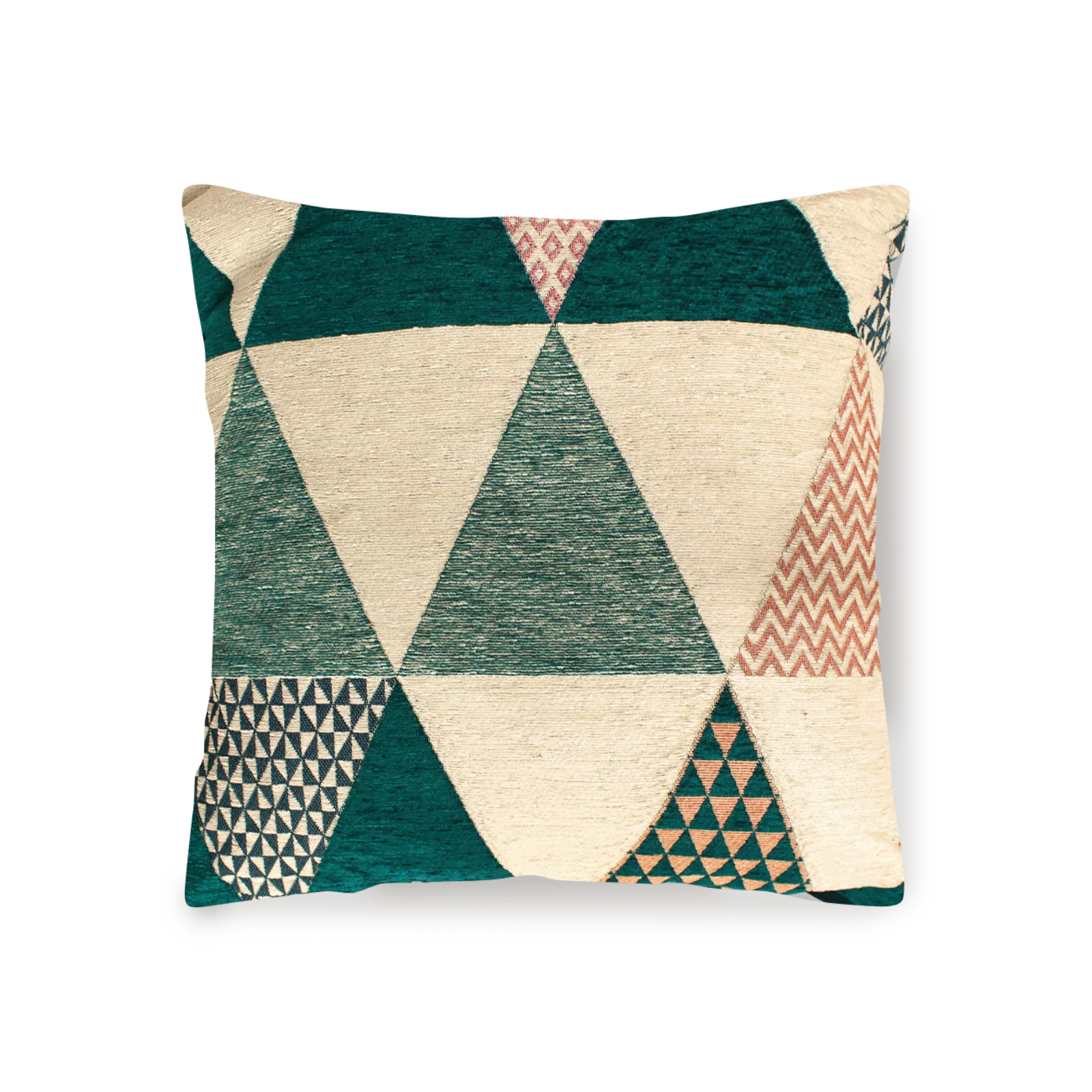 Coppia cuscini arredo Jacquard sfoderabili triangoli con design geometrico colorato.