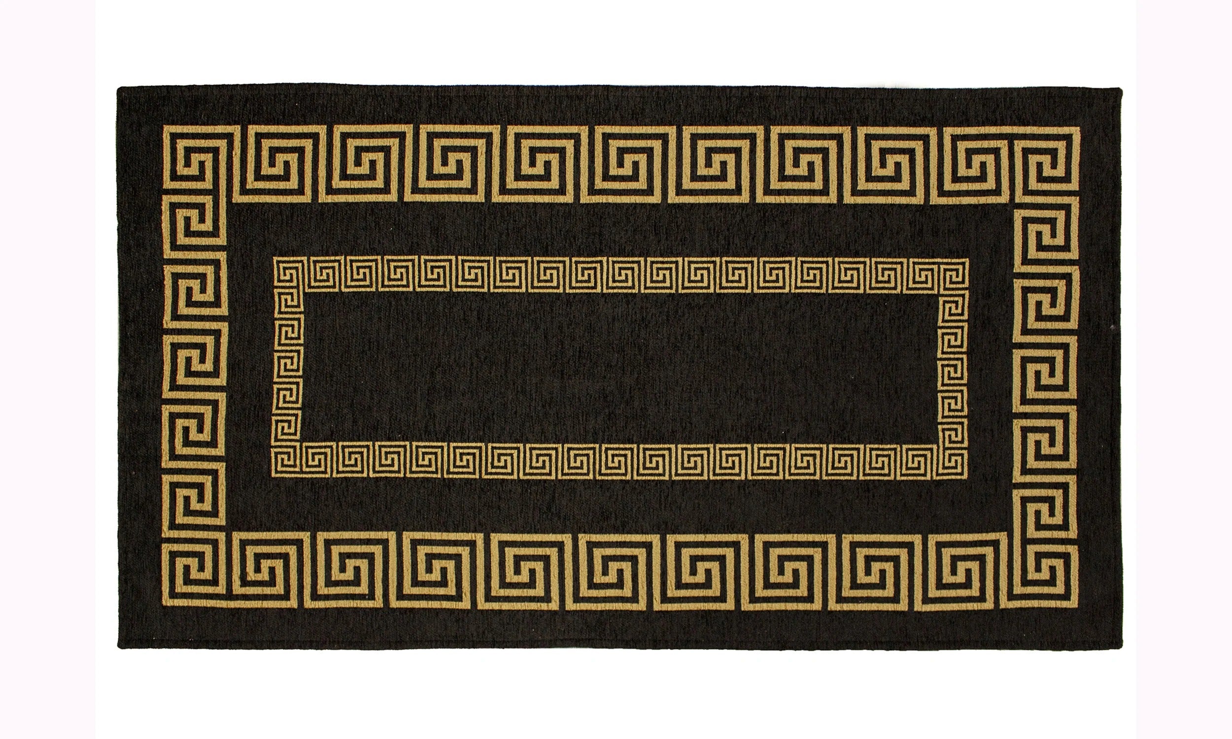 TAPPETO ARREDO ATENE NERO BIANCO CON ANTISCIVOLO con design greco in tonalità nere e dorate.