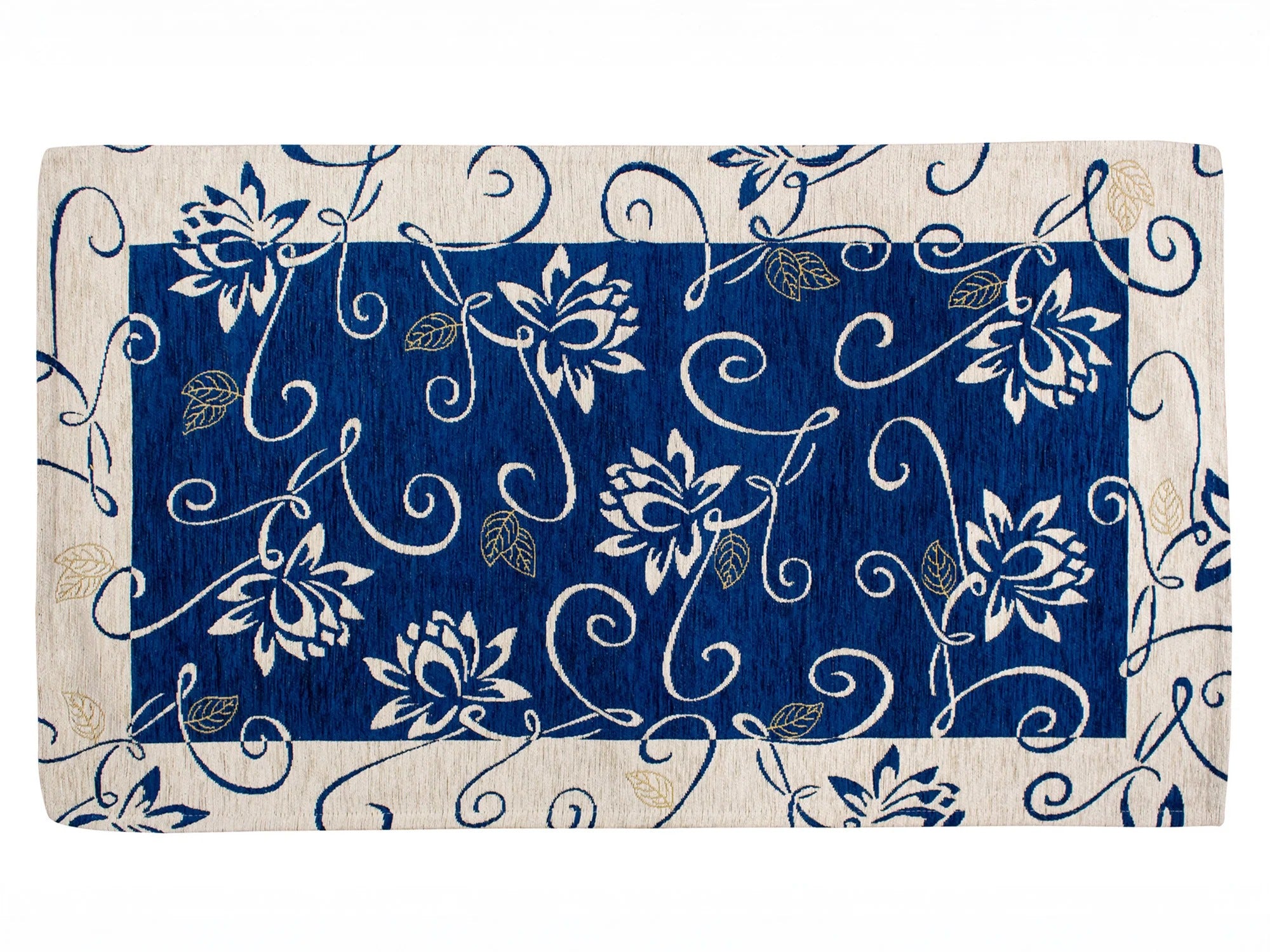 TAPPETO ARREDO DIS.NINFEA CON ANTISCIVOLO, tappeto moderno con disegno floreale blu e beige.
