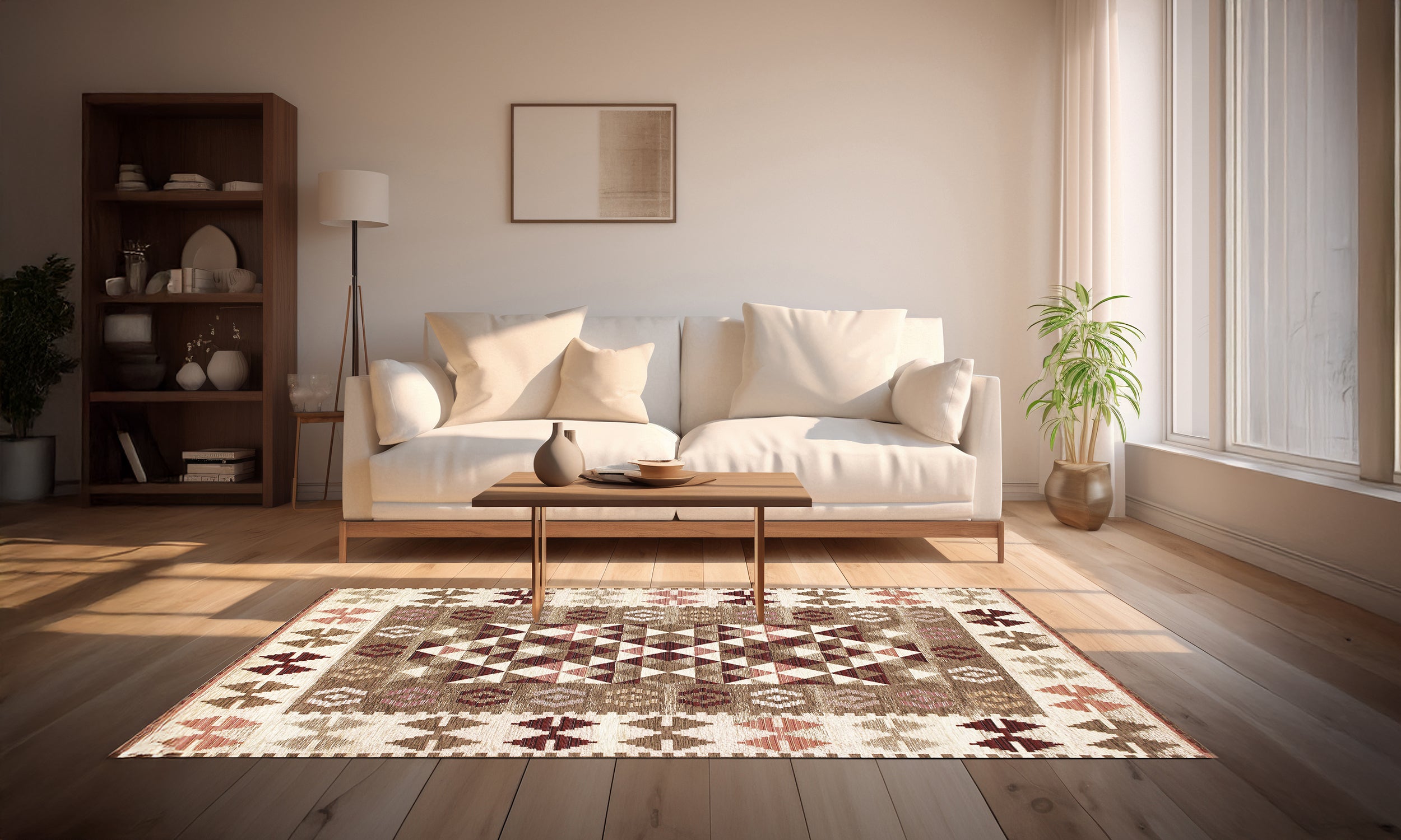 Modern living room with a stylish rug, cozy sofa, and plants, creating a warm and inviting atmosphere.