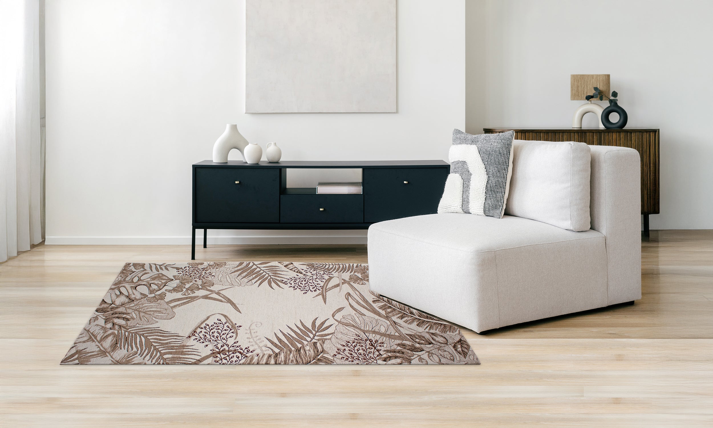 Tappeto arredamento Dis.Amazzonia col. grigio perla 65x115 cm in soggiorno moderno con mobili eleganti.