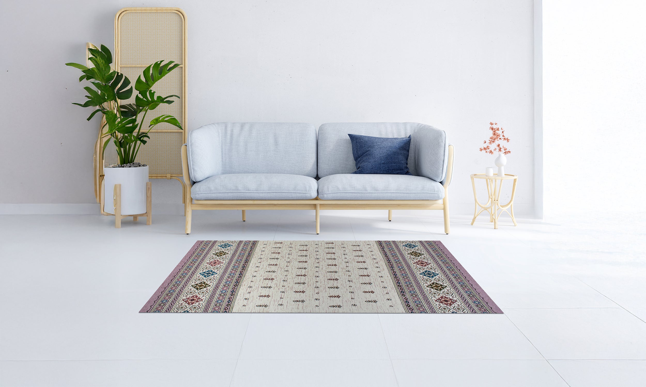 Tappeto arredo moderno con design elegante, posizionato in un soggiorno minimalista e luminoso.