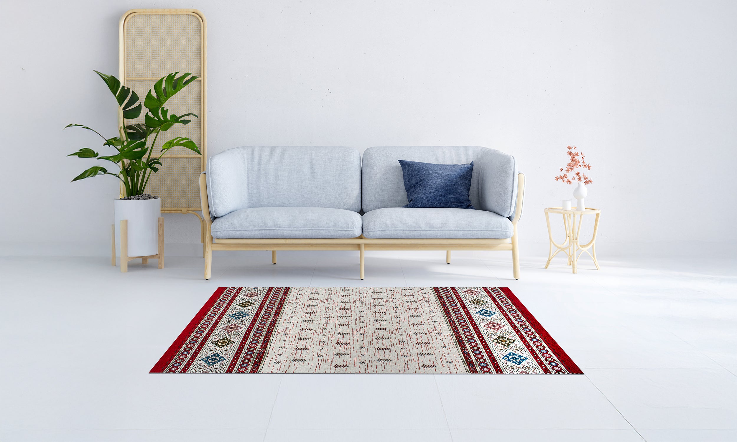 Loom red rug 115x175 cm with non-slip, modern design in a stylish living room setting.