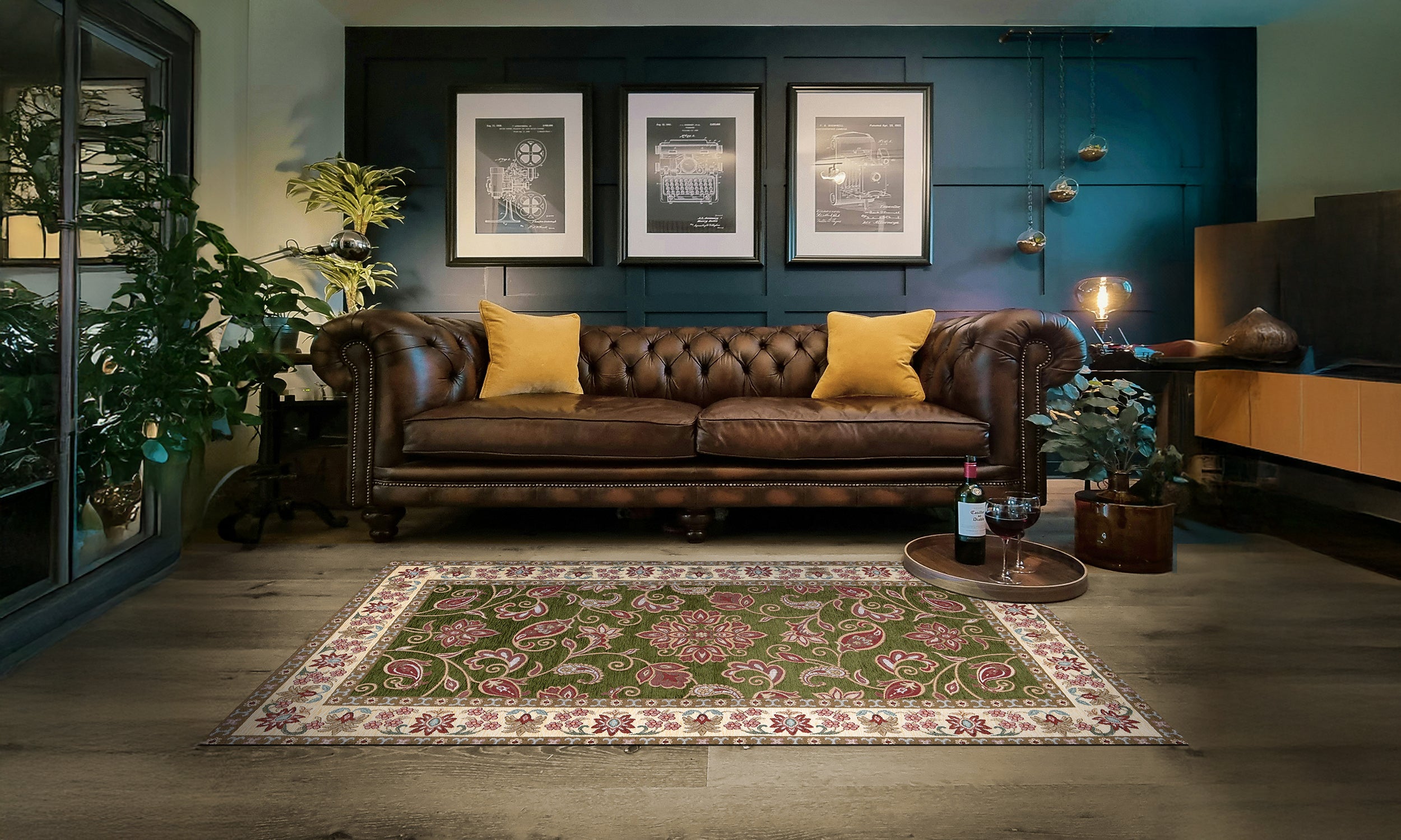 Modern decorative carpet in forest green, featuring floral designs, placed in a stylish living room.