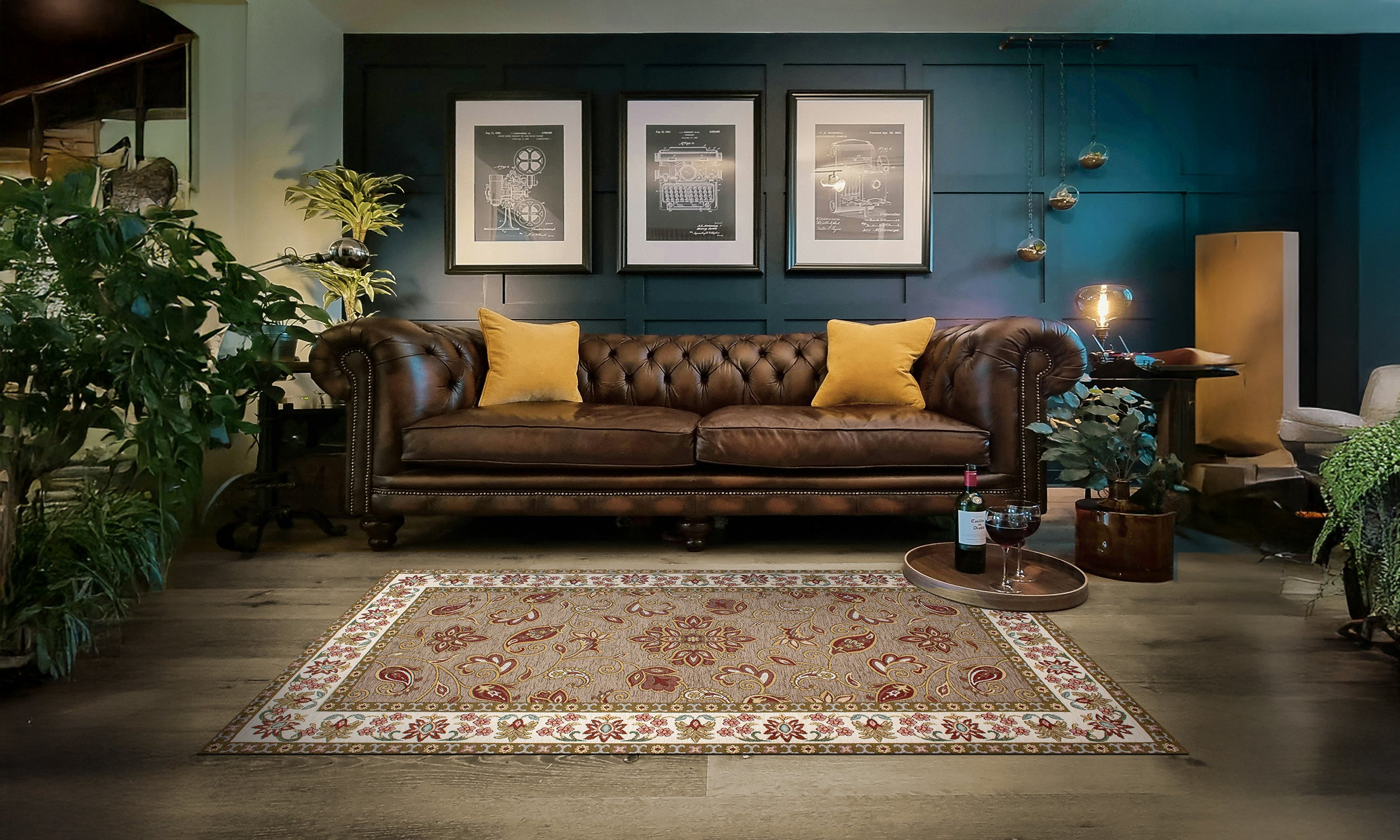 Modern area rug in a stylish living room with brown leather sofa and decorative accents.