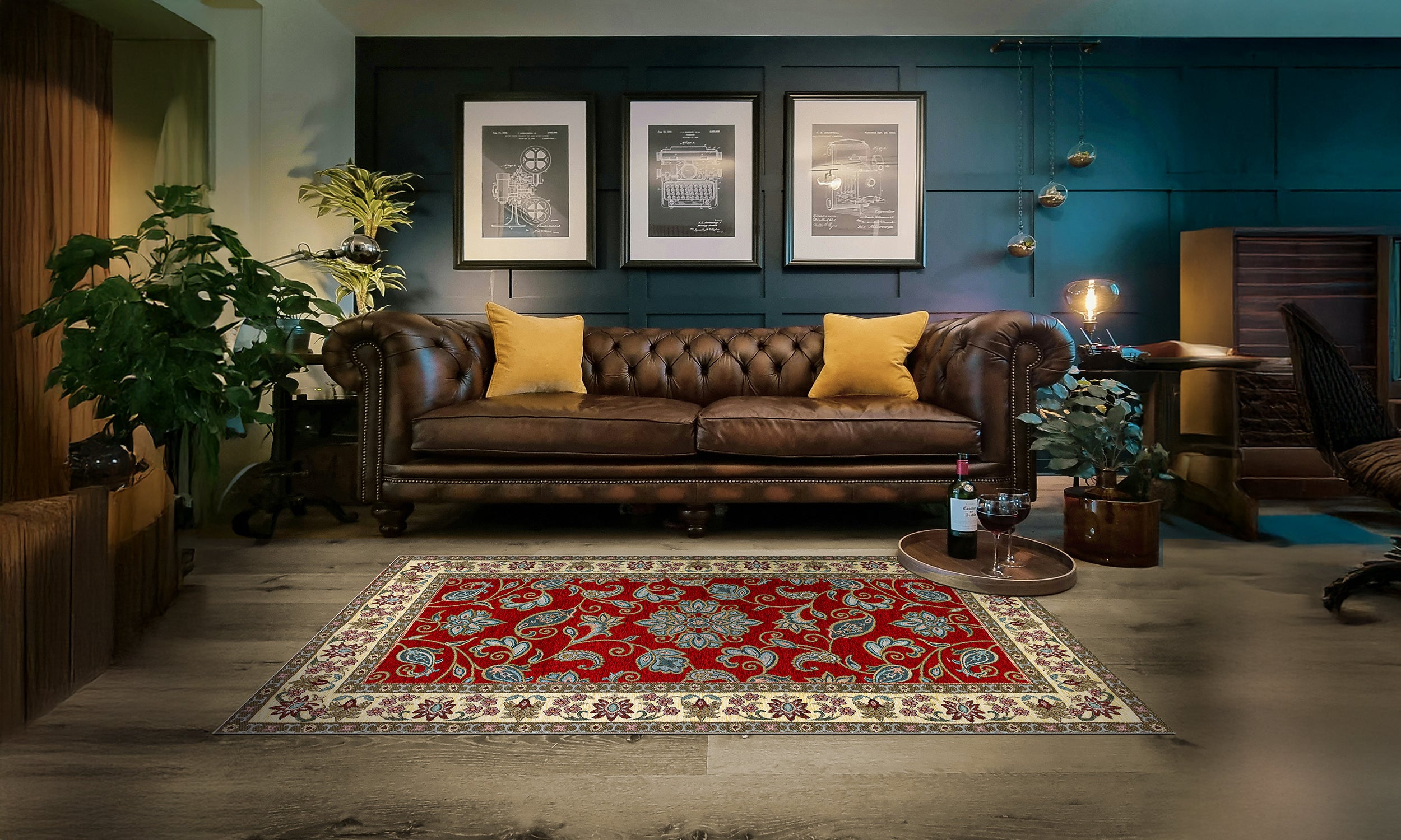 Modern red area rug with intricate design on wooden floor in stylish living room with leather sofa and cozy decor.