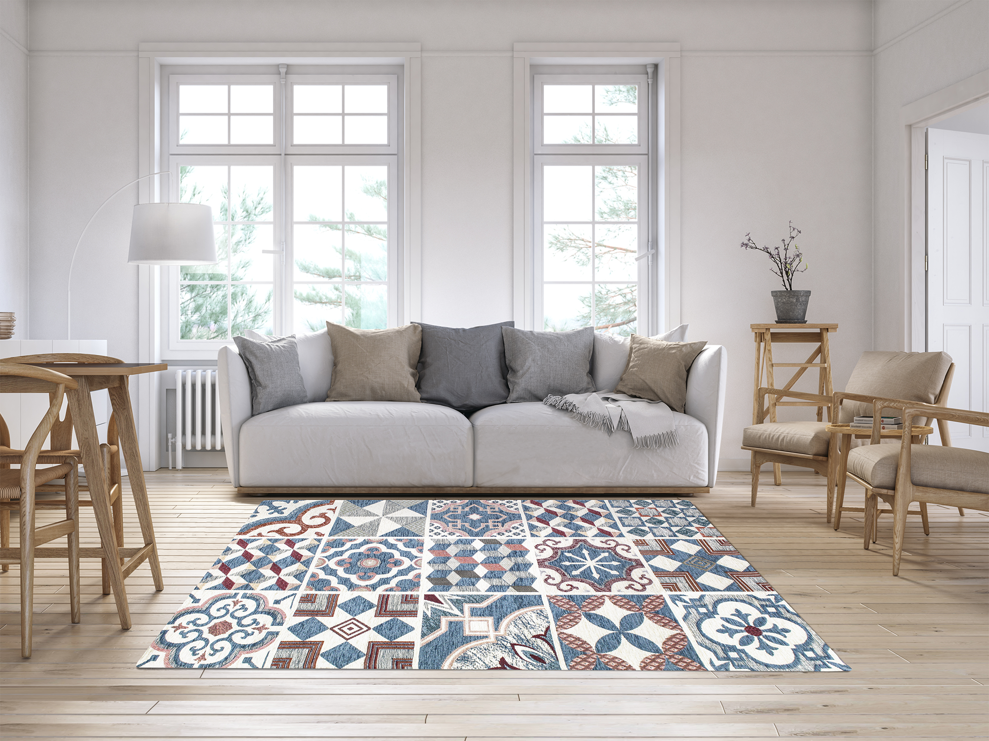 Modern patterned rug in a cozy living room with light wood floors and neutral furniture.