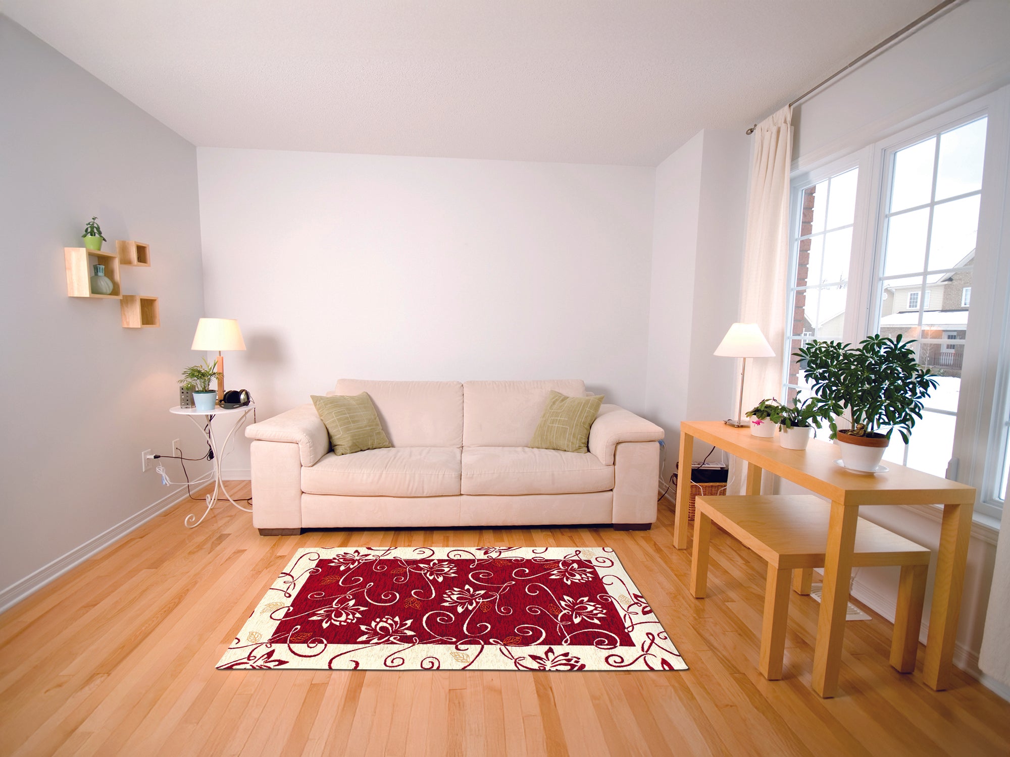 Modern brown area rug in a cozy living room with sofa and plants, 115x175 cm with non-slip backing.