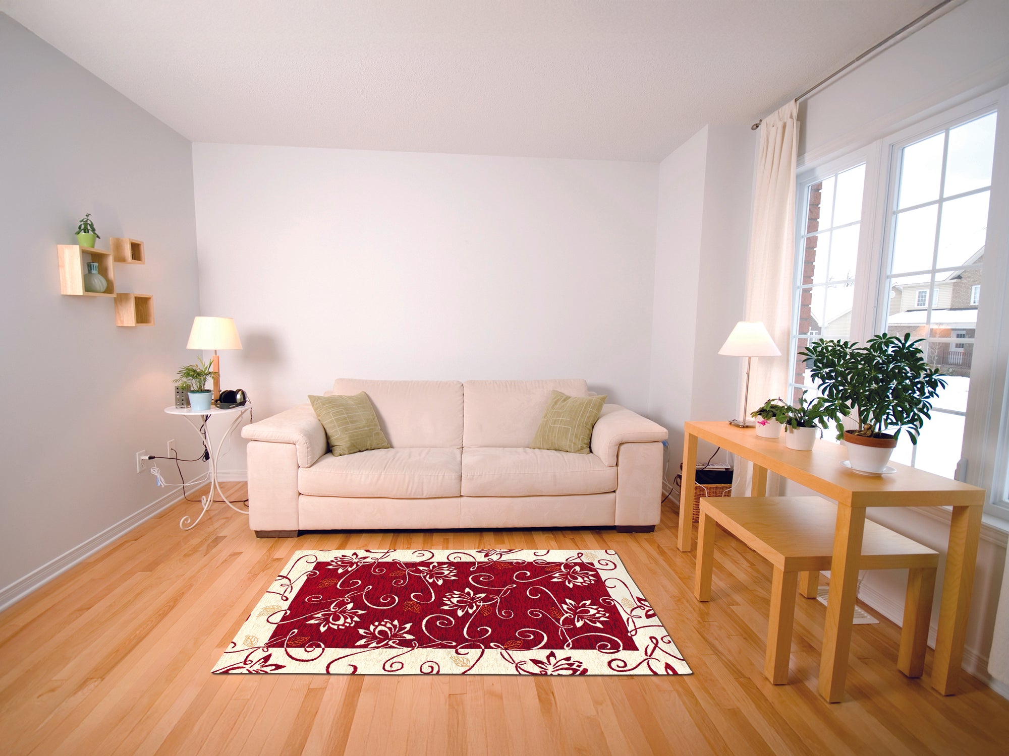 Modern rug in rich red color with floral design, enhancing a cozy living room setting.