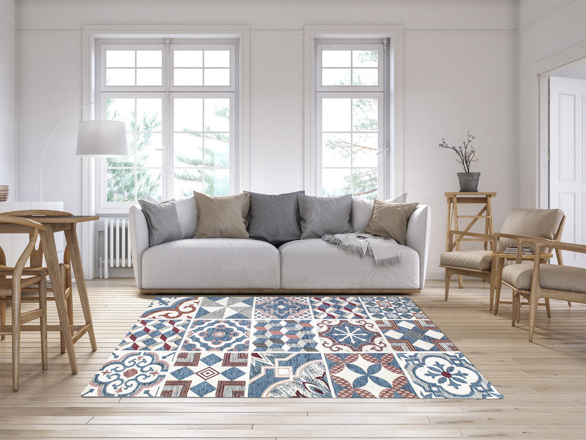 Modern decorative rug in vibrant colors with non-slip backing, placed in a stylish living room.