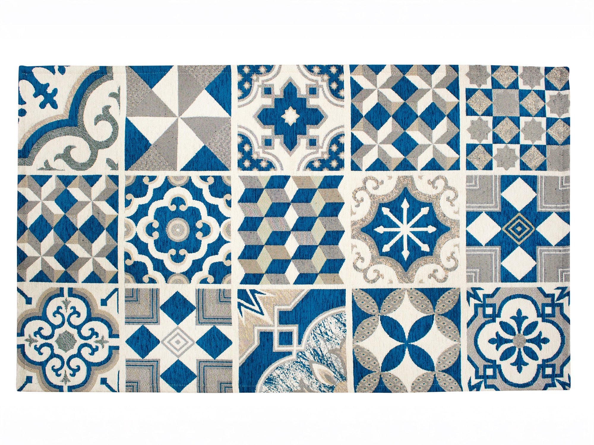 Modern decorative rug featuring vibrant blue and gray patterns, perfect for adding style to any room.