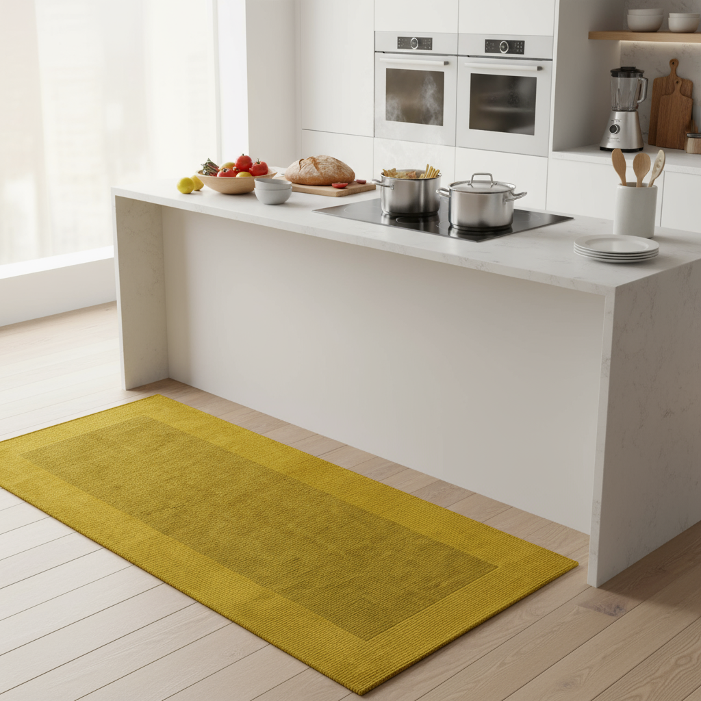 KÜCHENTEPPICH MIT STREIFENMUSTER SENF-FARBE 57X190 CM MIT RUTSCHFESTER UNTERLAGE
