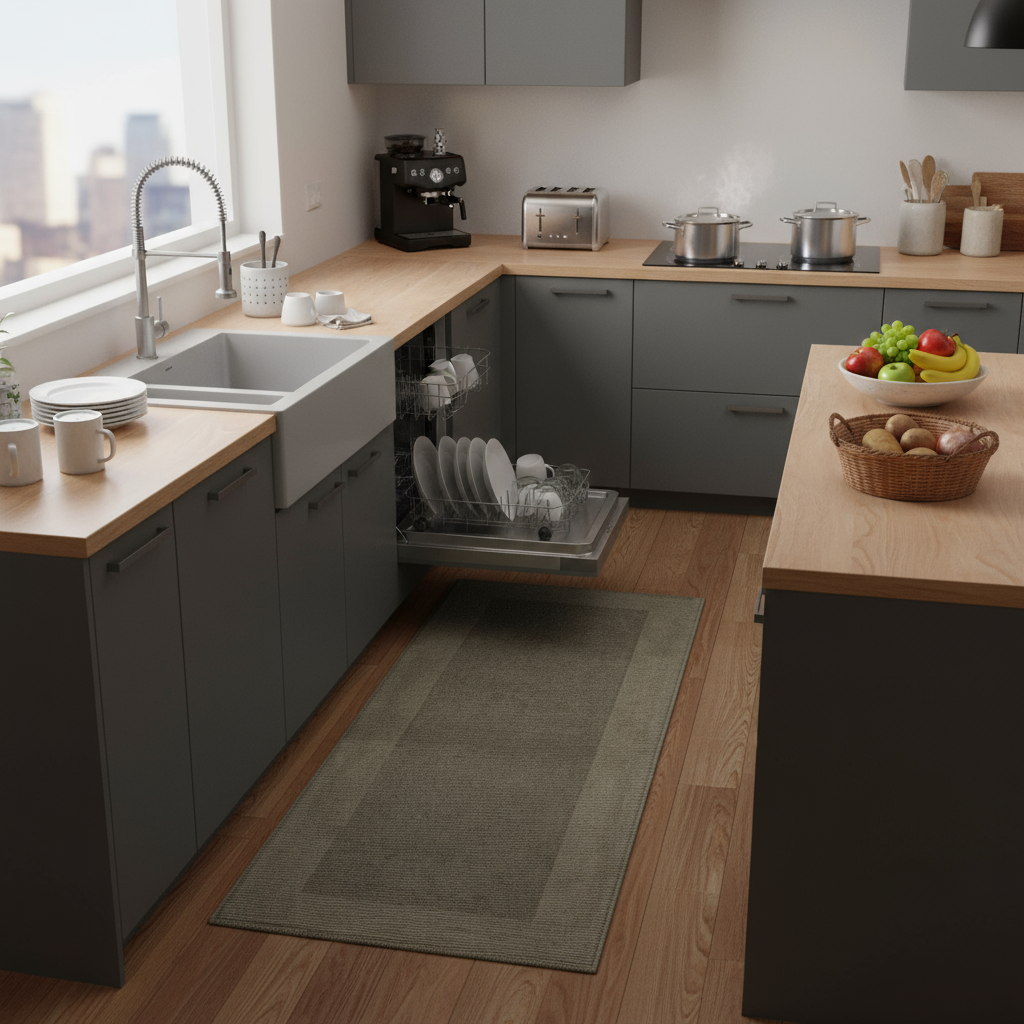 KÜCHENTEPPICH MIT STREIFENMUSTER FARBE GRÜN ASCH 57X240 CM MIT RUTSCHFESTER UNTERLAGE