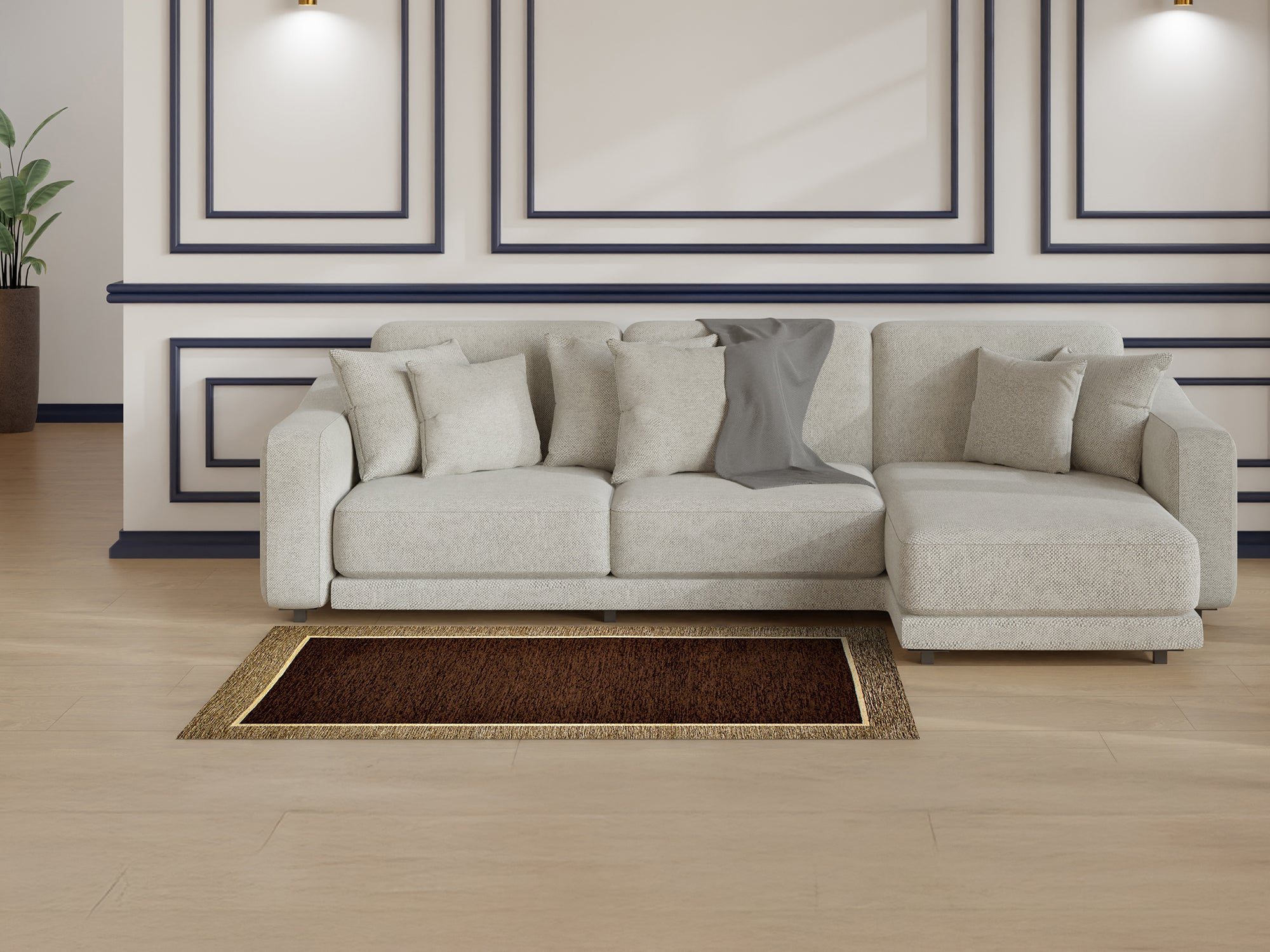 Modern dark brown area rug with non-slip backing in a stylish living room setting.