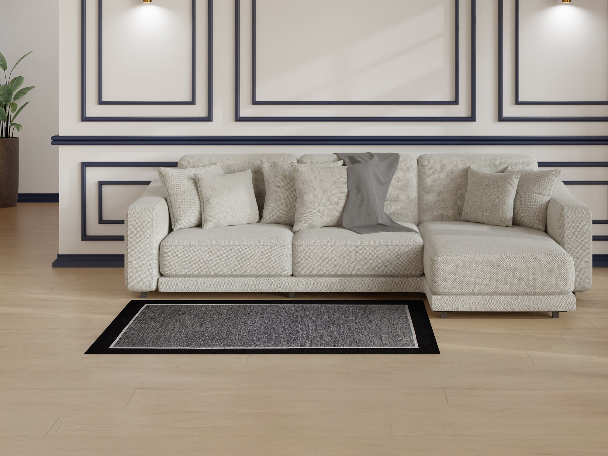 Modern rug in a cozy living room setting with a light gray sofa and black accents, enhancing home decor.