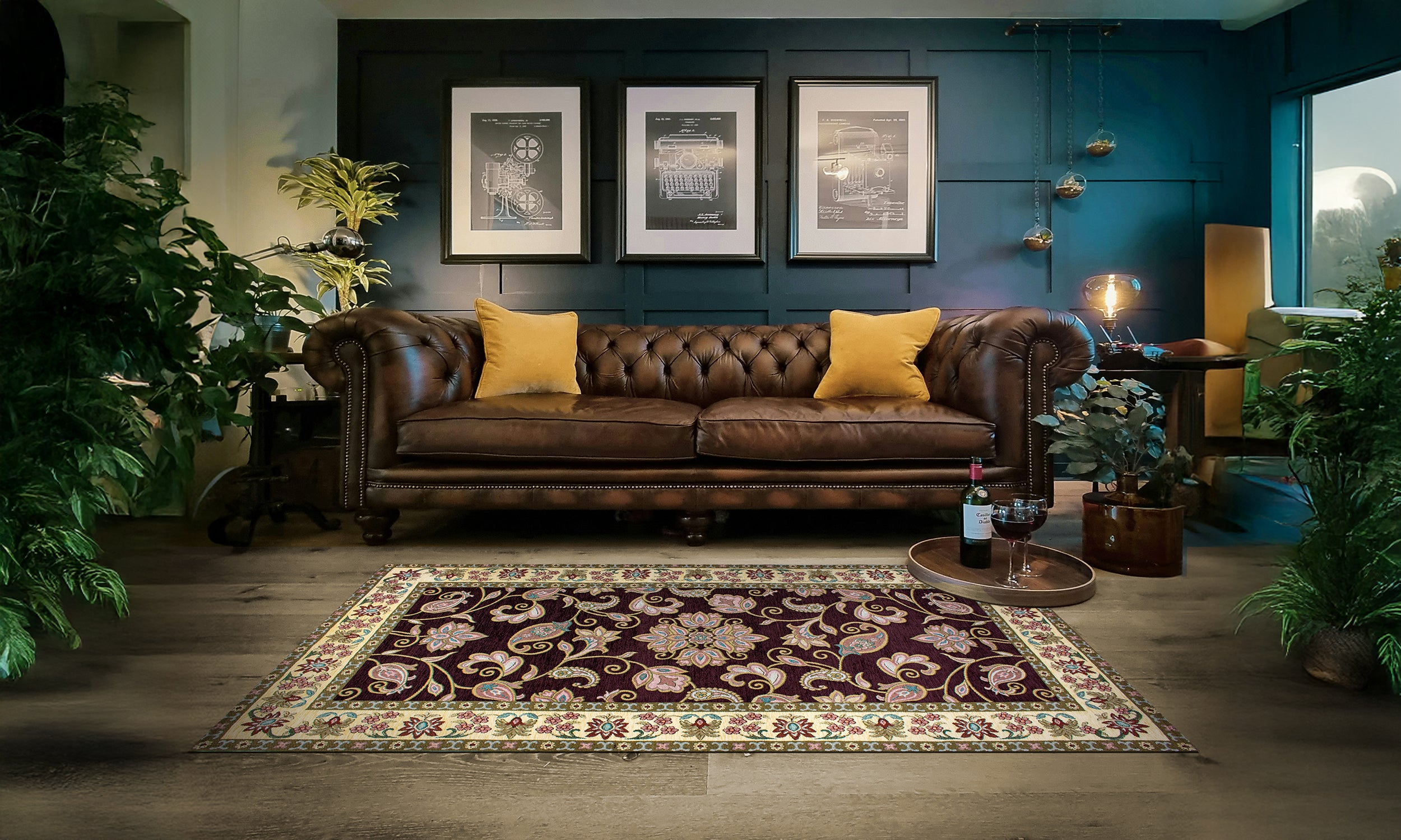 Modern wine-colored carpet in living room with brown sofa and plants, adding warmth and style to the decor.