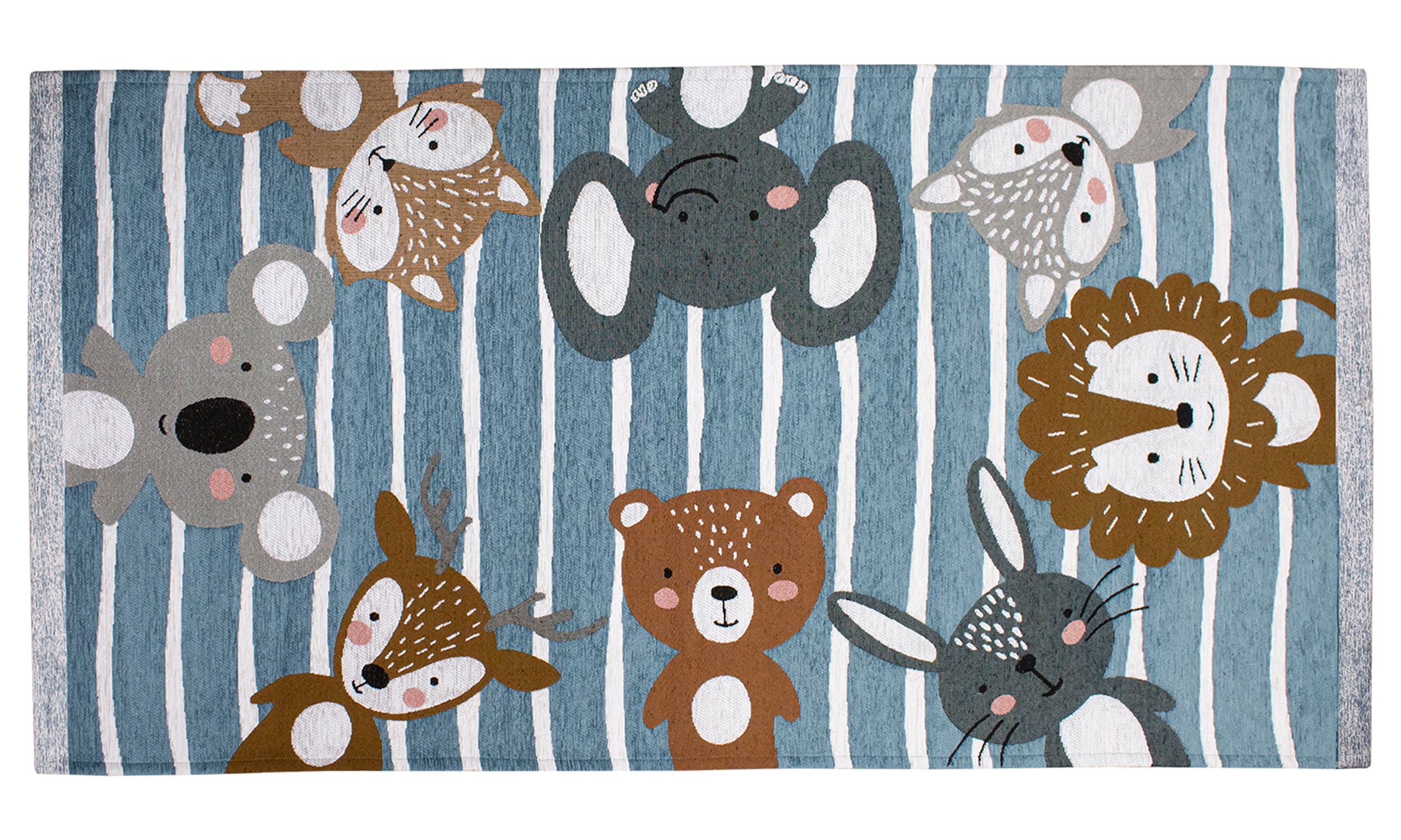 Tappeto cameretta azzurro con animali stilizzati, antiscivolo, dimensioni 115x175 cm, design moderno.