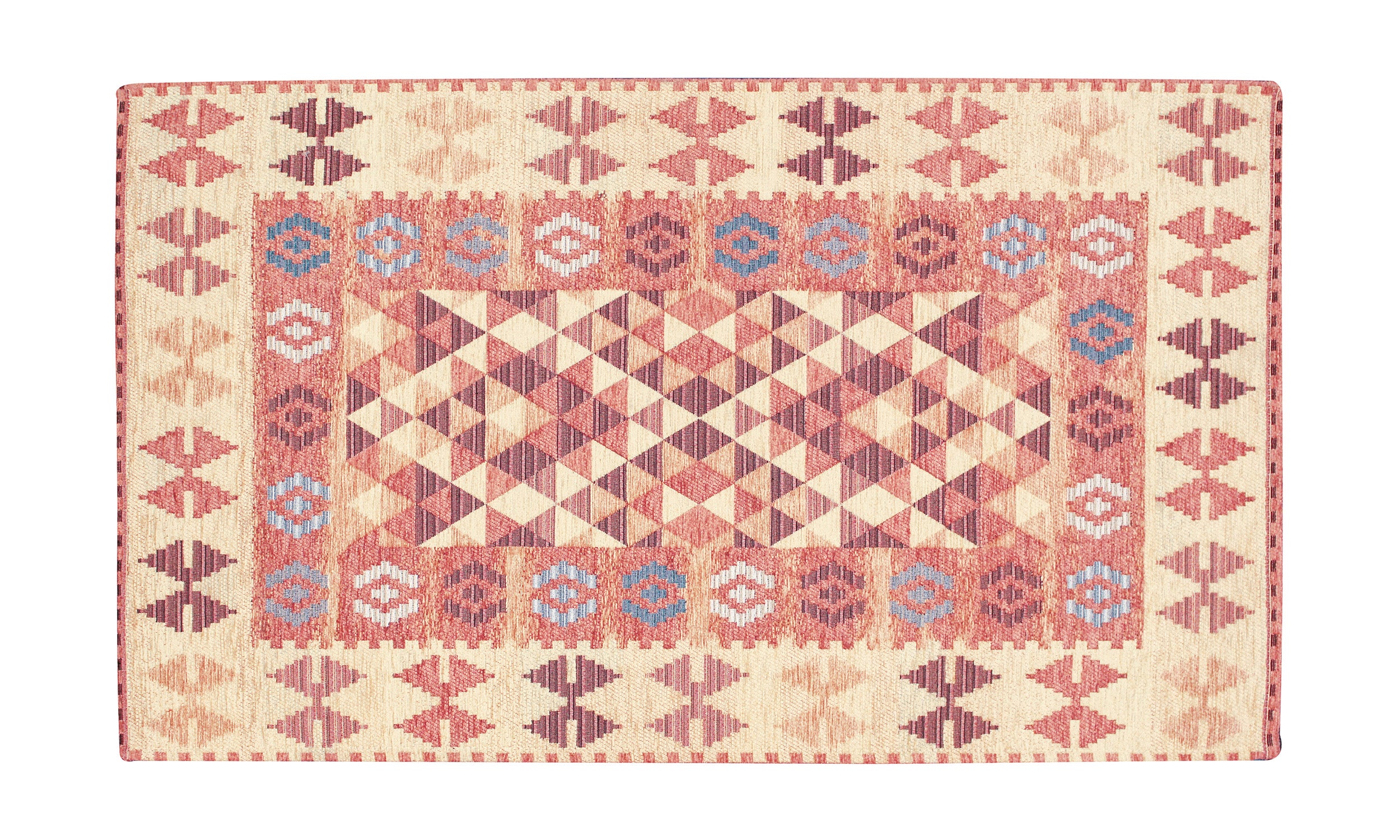 Tappeto Kilim rosa antico 65x115 cm, design moderno con motivi geometrici, effetto scolpito e antiscivolo.